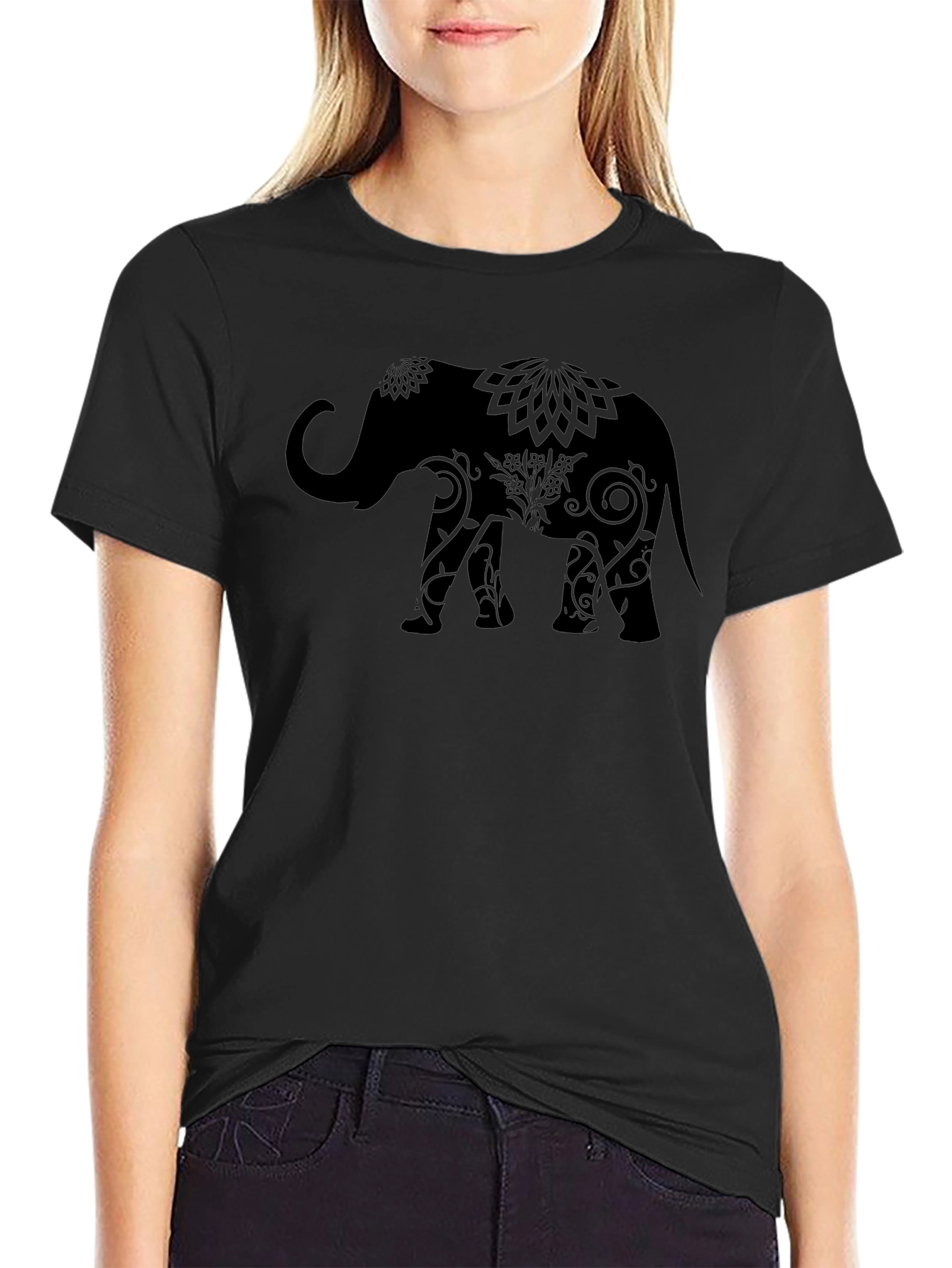 Elephant Mandala Graphic Print Crew Neck T-Shirt