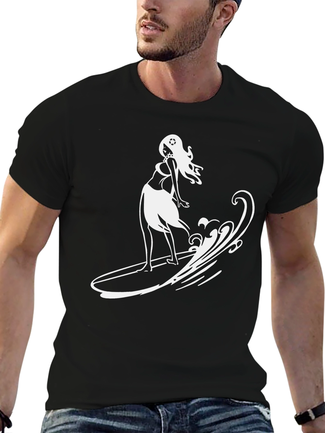 Surfer Girl Graphic T-Shirt - Black Cotton Tee