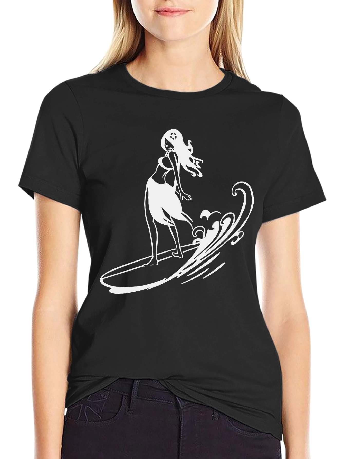 Surfer Girl Graphic T-Shirt - Black Cotton Tee