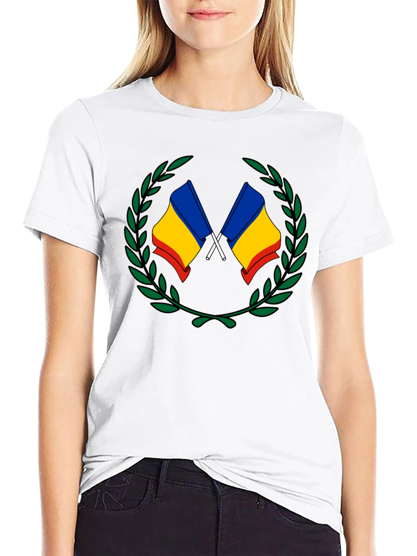 Romania Flag Laurel Wreath T-Shirt - Black