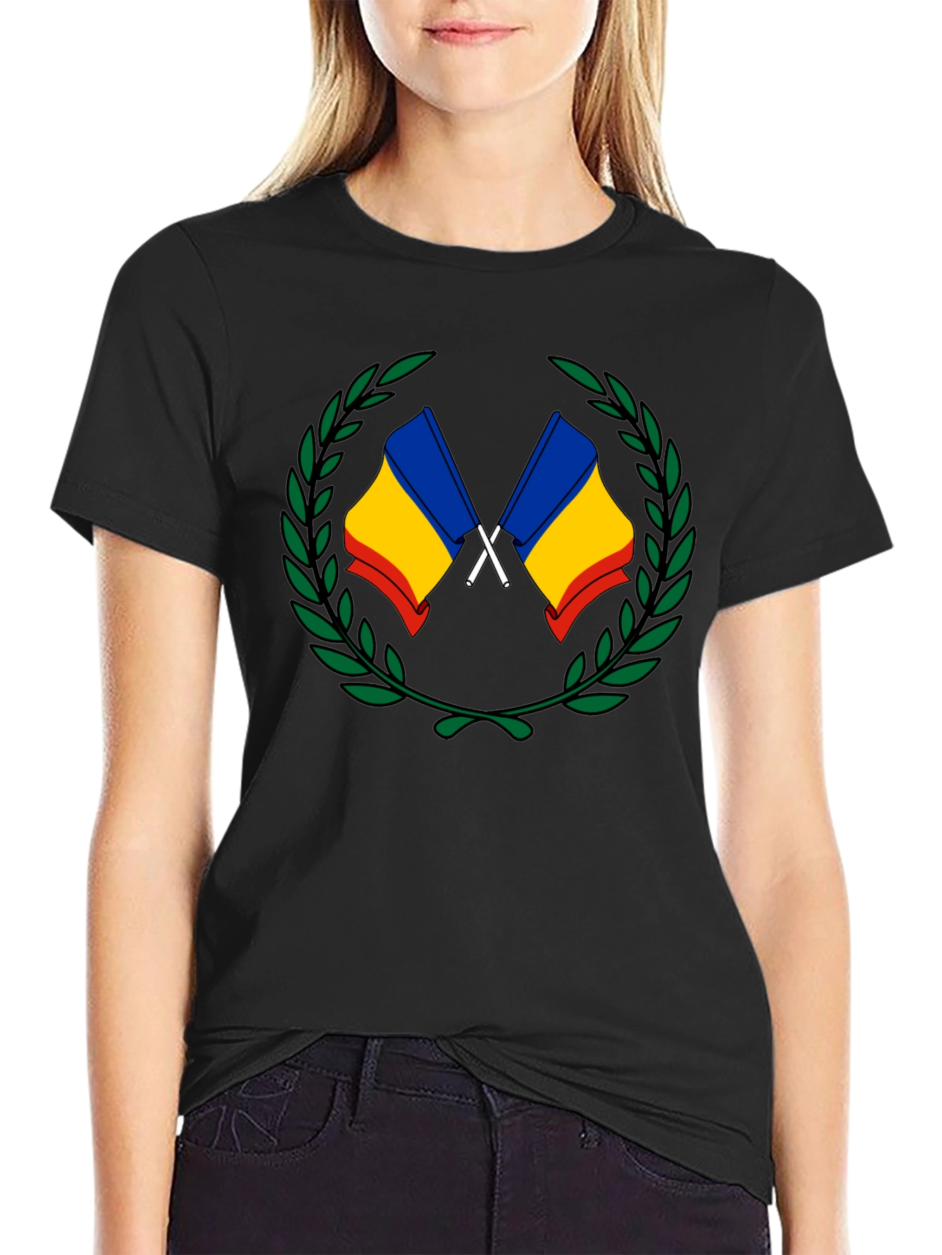 Romania Flag Laurel Wreath T-Shirt - Black