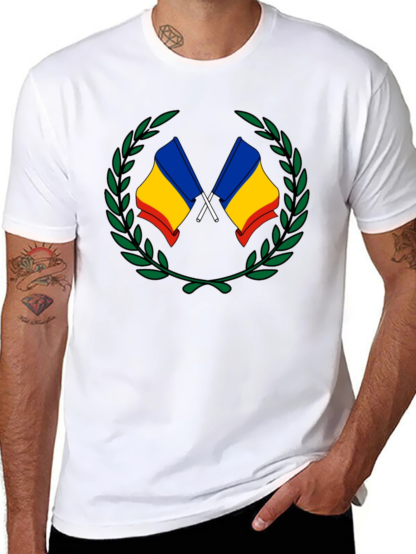 Romania Flag Laurel Wreath T-Shirt - Black