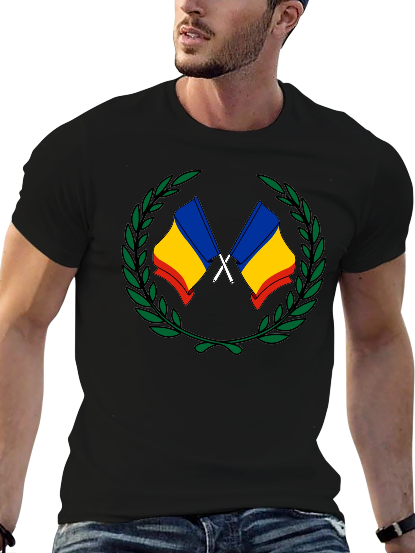 Romania Flag Laurel Wreath T-Shirt - Black