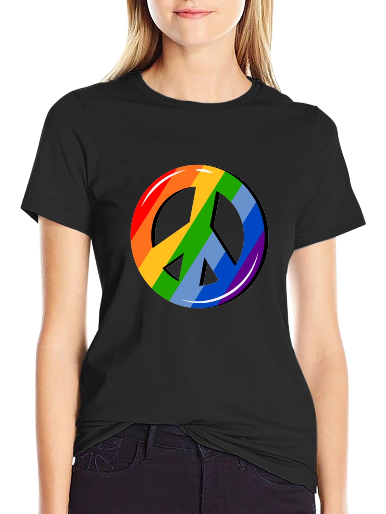 Rainbow Peace Sign Graphic T-Shirt - Black
