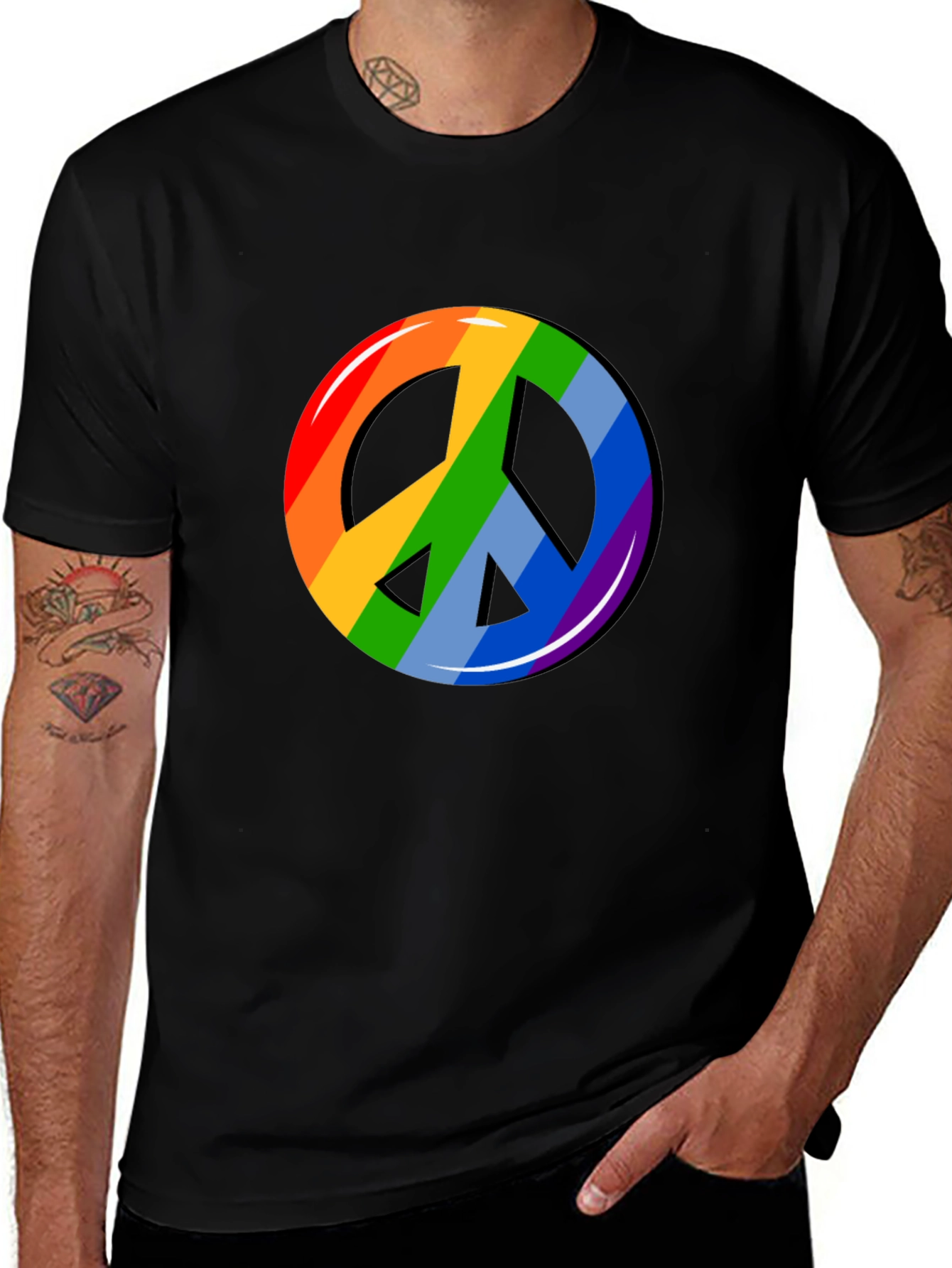 Rainbow Peace Sign Graphic T-Shirt - Black