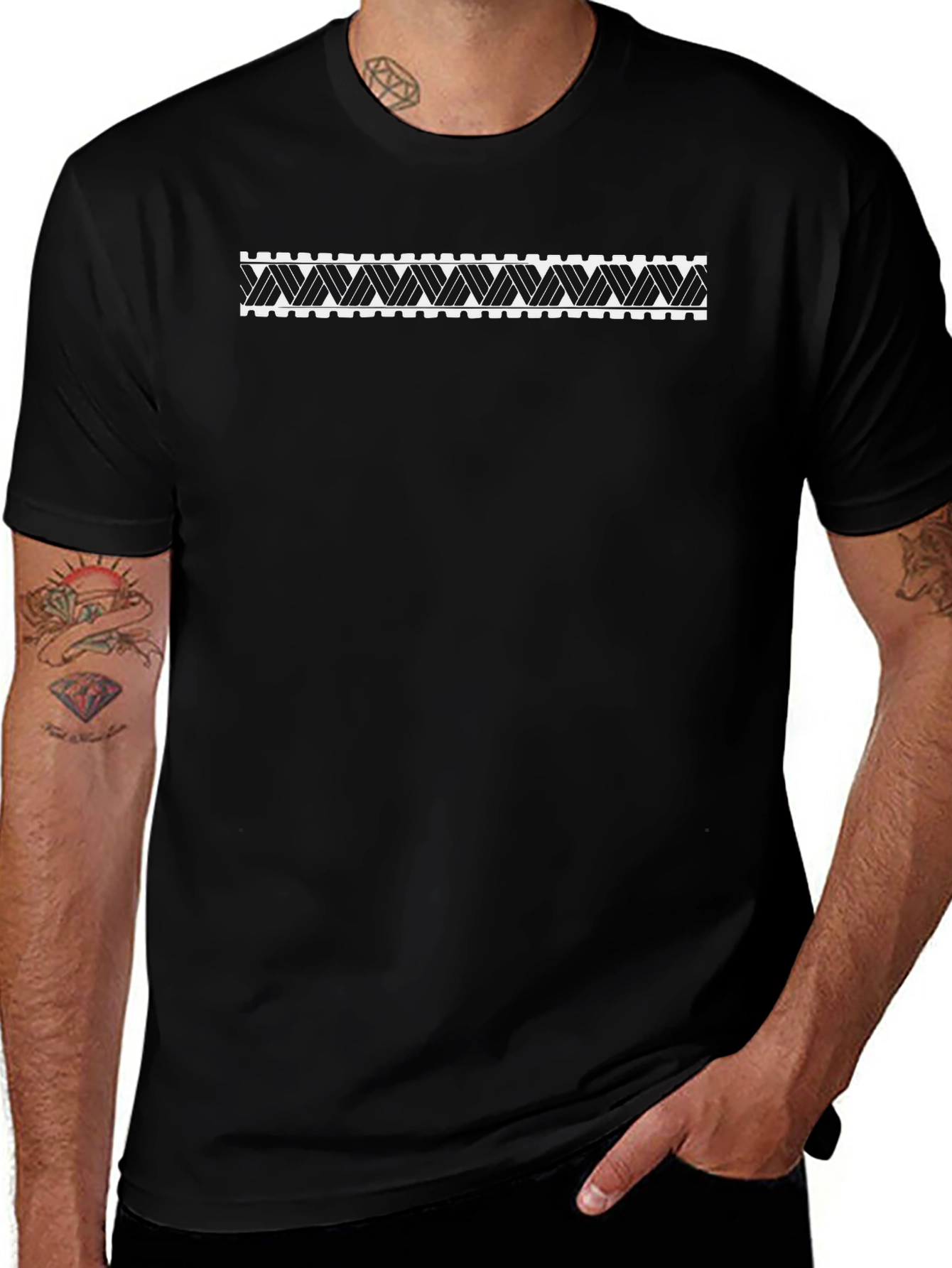 Black Tee with Geometric Woven Pattern