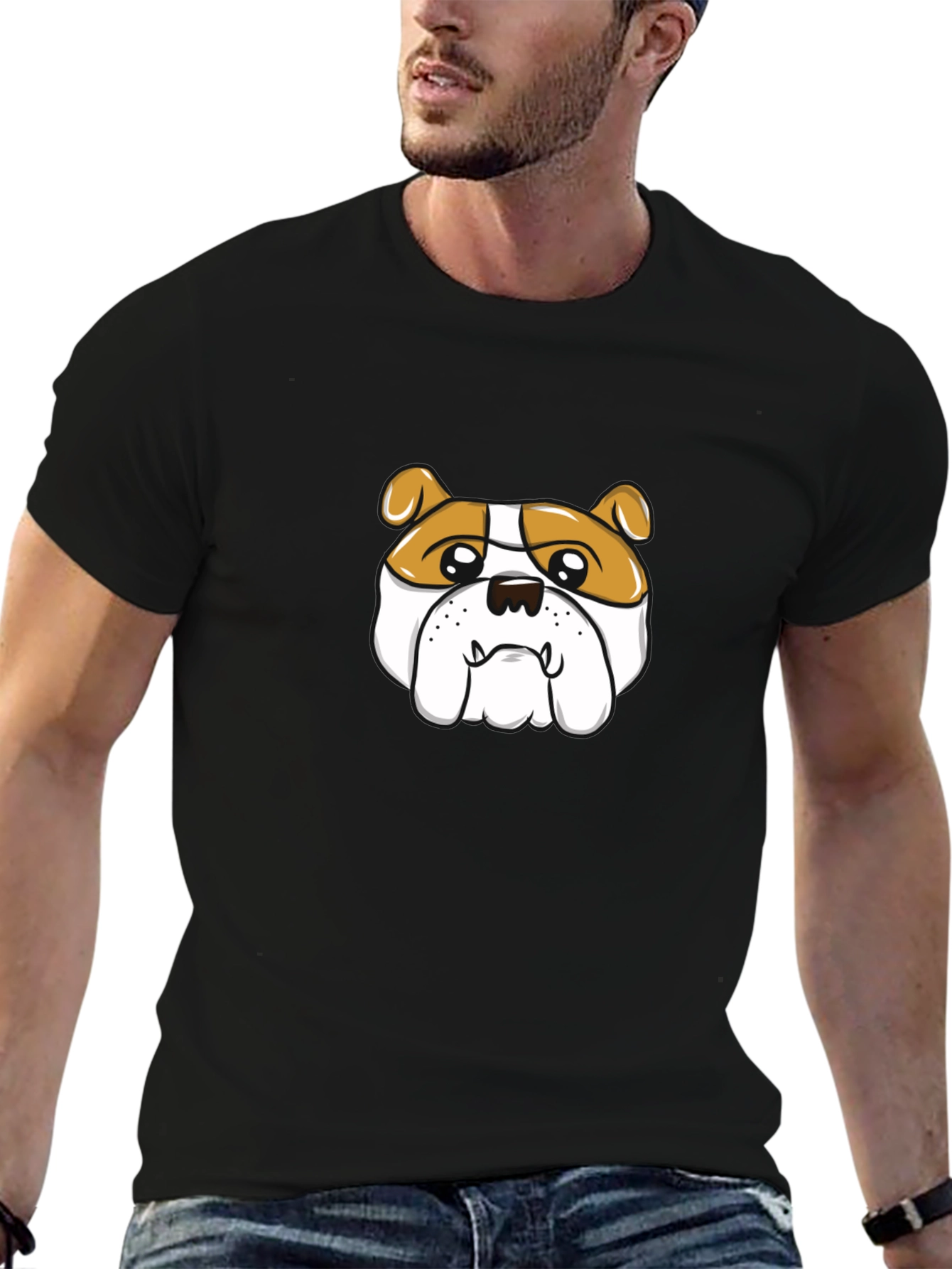 Bulldog Cartoon Graphic Tee - Black Cotton T-Shirt