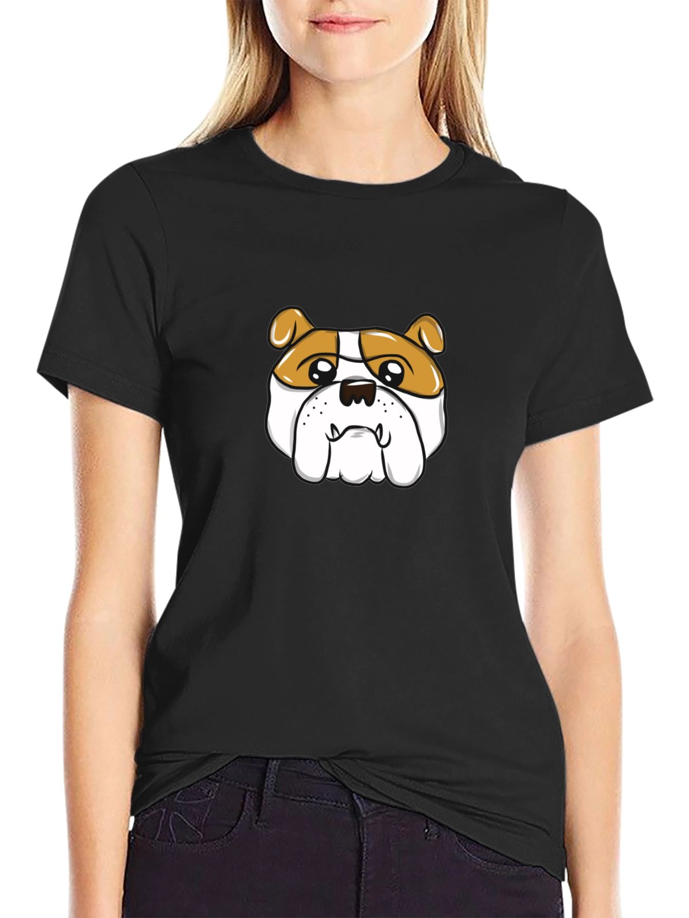 Bulldog Cartoon Graphic Tee - Black Cotton T-Shirt