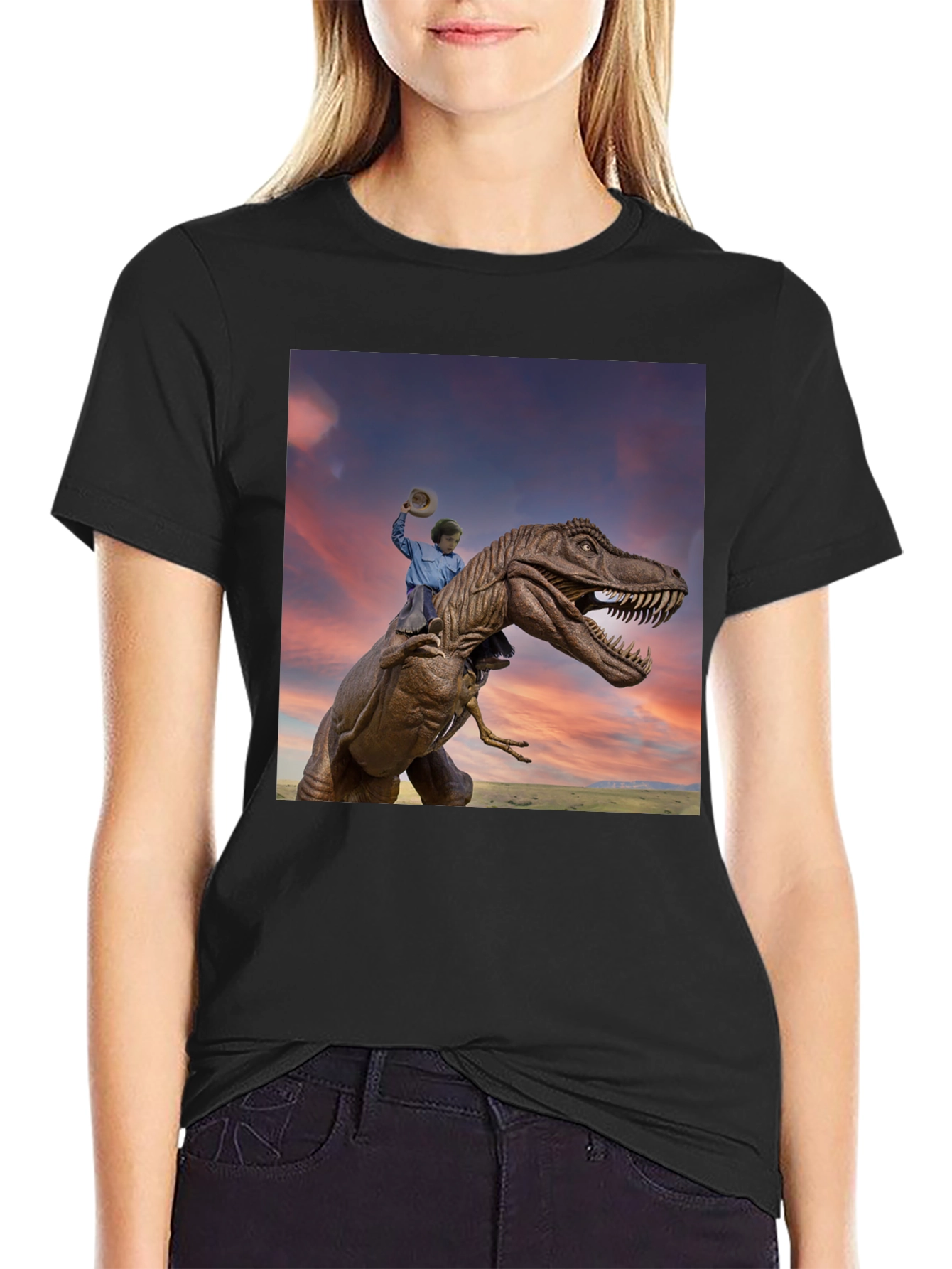 Dino Rider Graphic Tee - Black Cotton T-Shirt