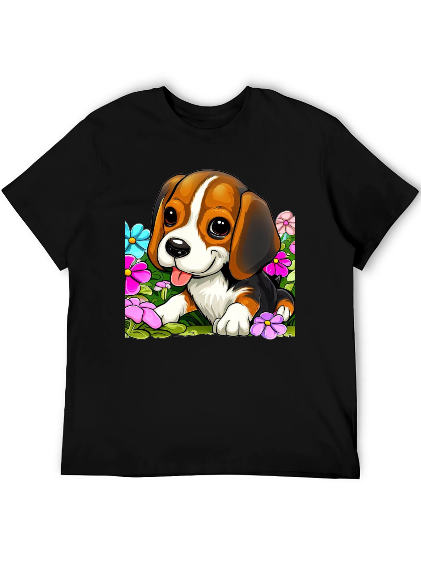 Cute Beagle Puppy in Flowers Black T-Shirt