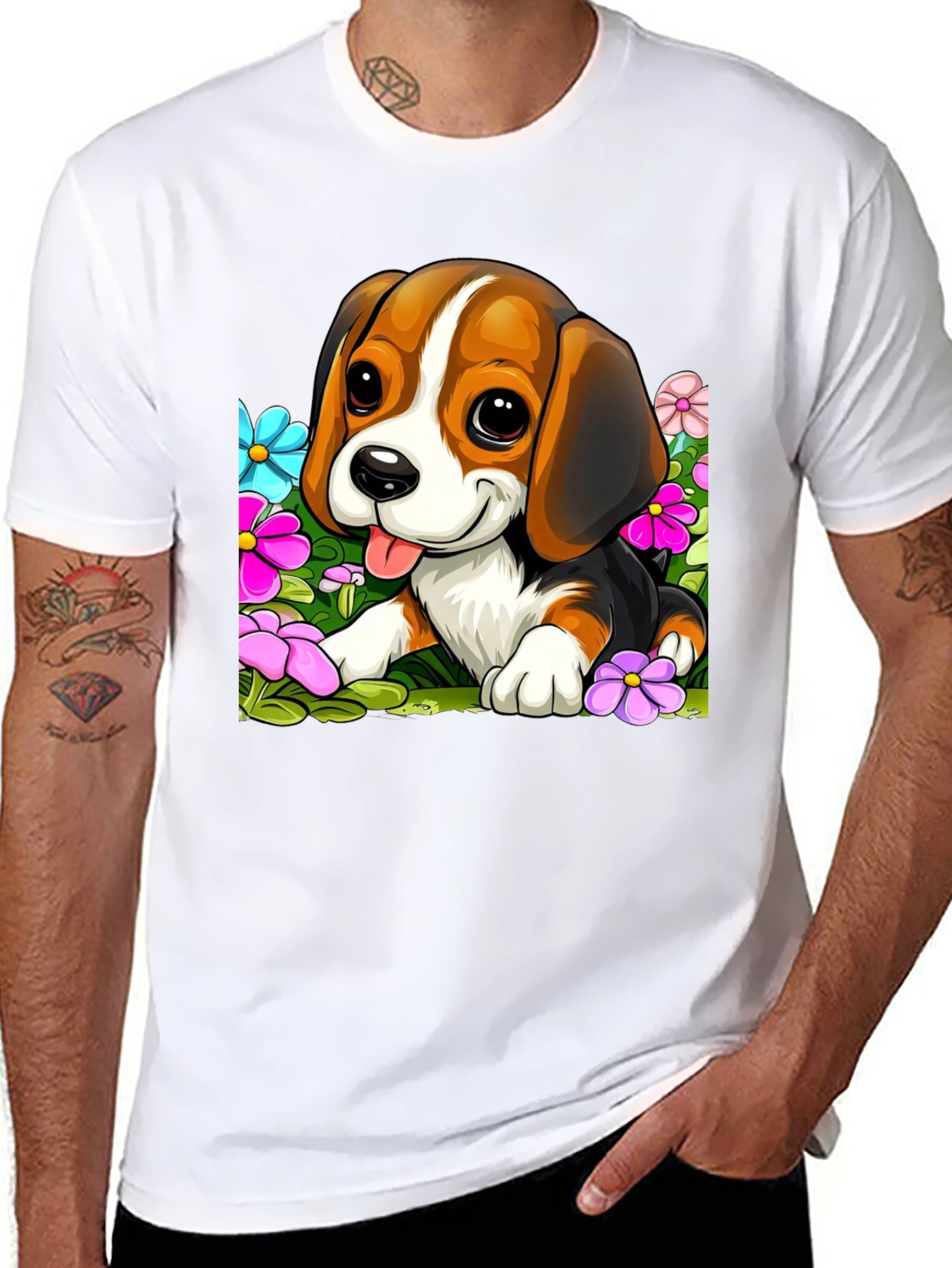 Cute Beagle Puppy in Flowers Black T-Shirt