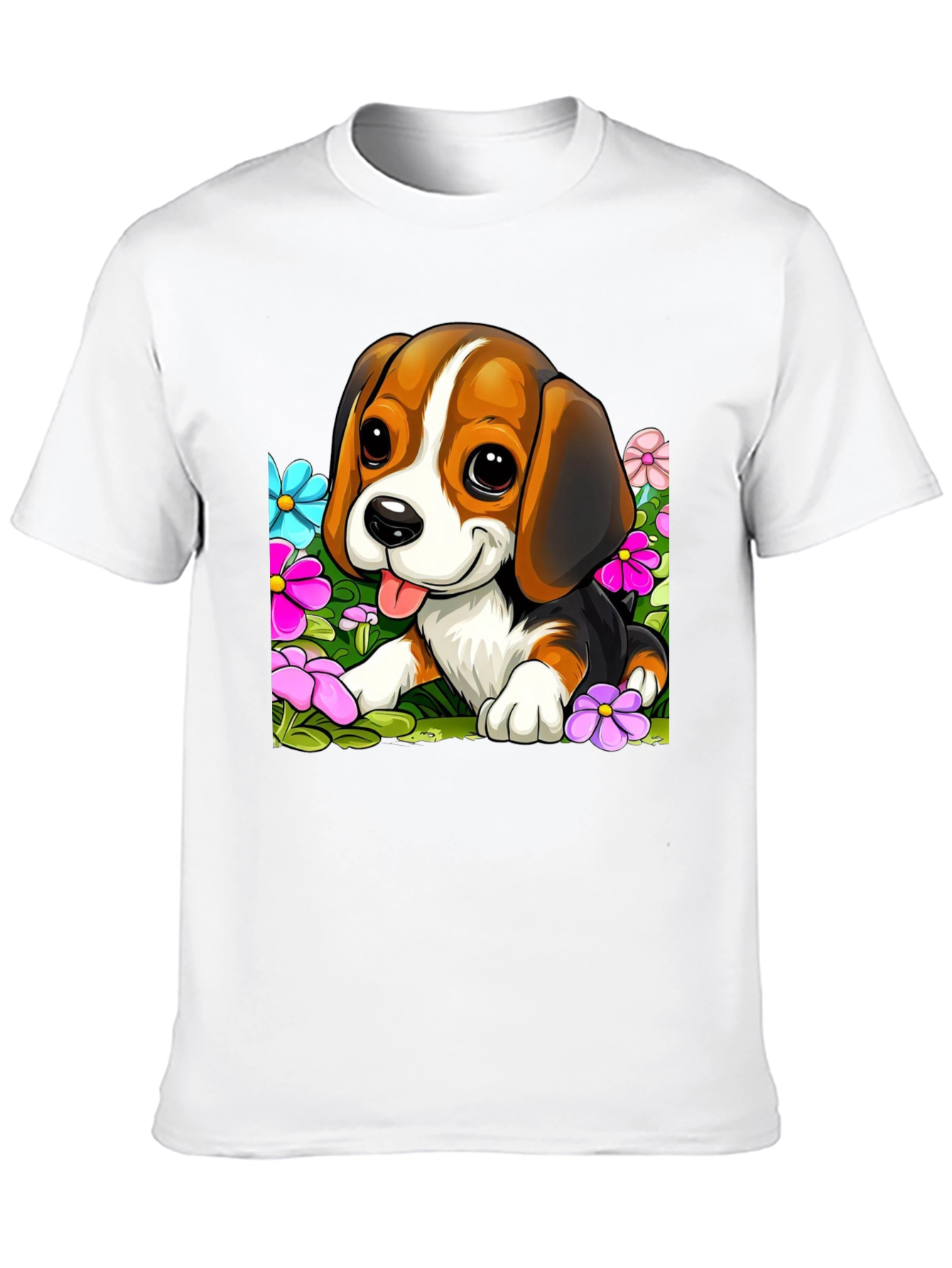 Cute Beagle Puppy in Flowers Black T-Shirt