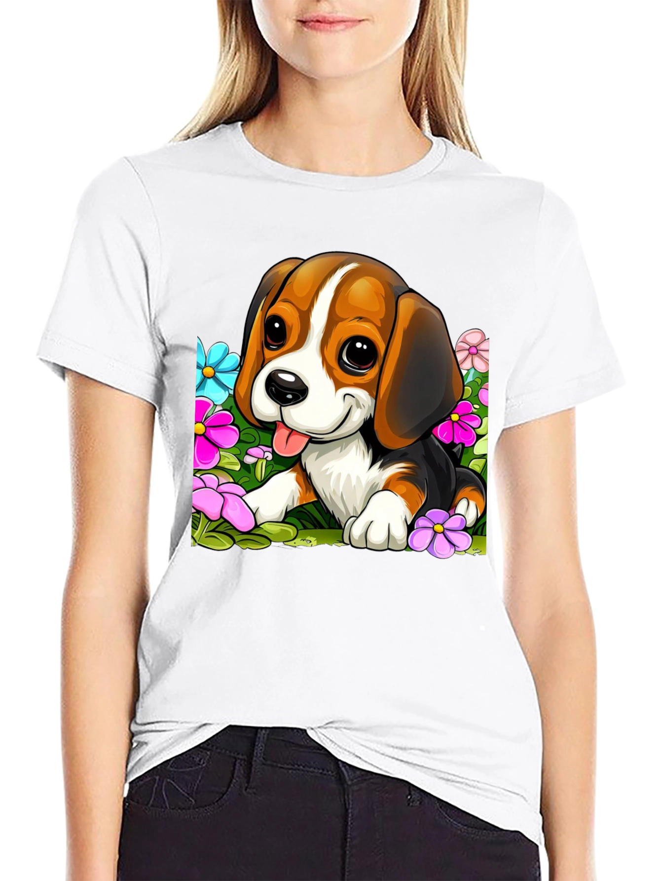 Cute Beagle Puppy in Flowers Black T-Shirt