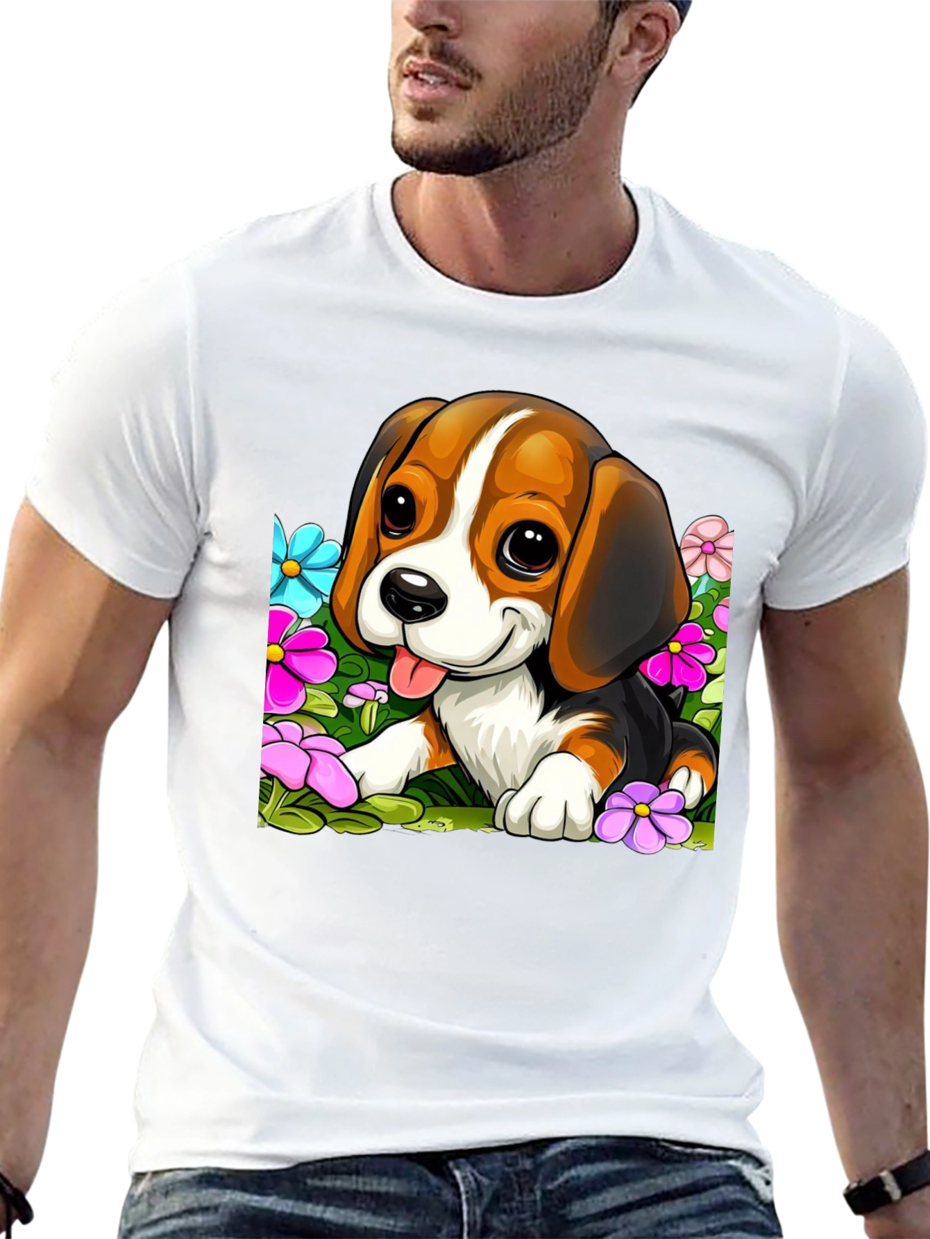 Cute Beagle Puppy in Flowers Black T-Shirt