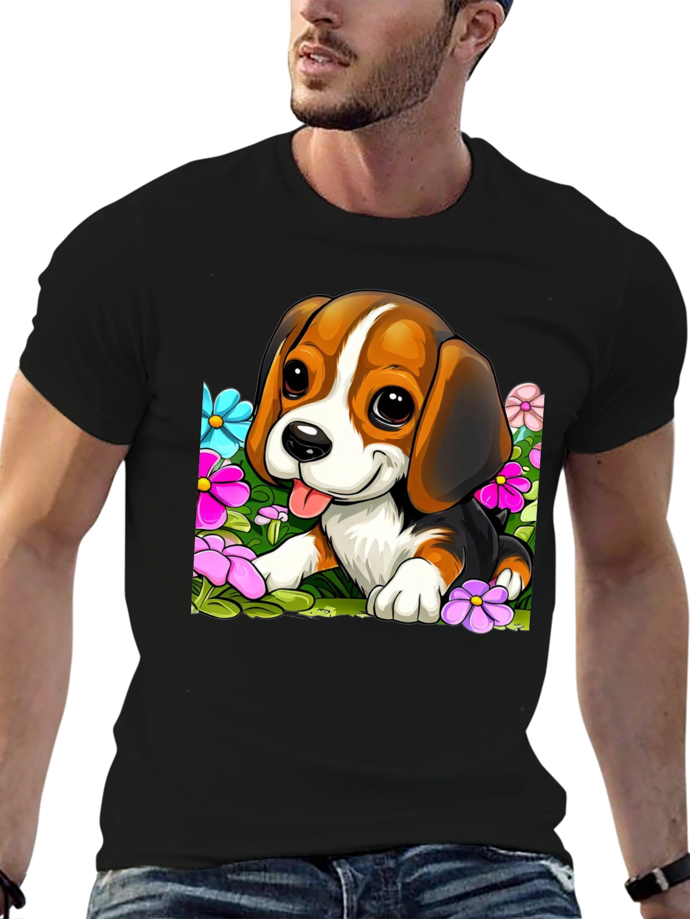 Cute Beagle Puppy in Flowers Black T-Shirt