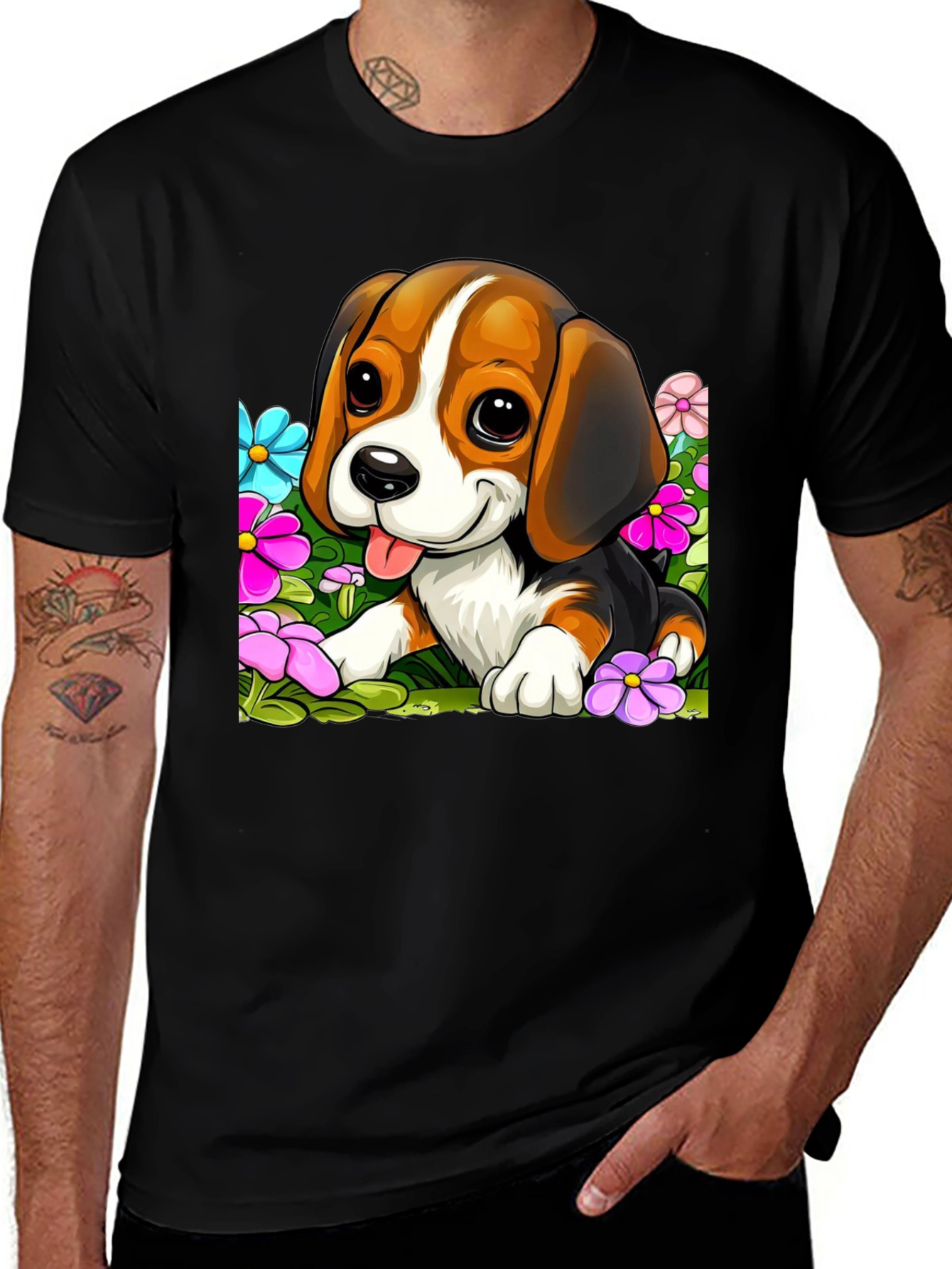 Cute Beagle Puppy in Flowers Black T-Shirt