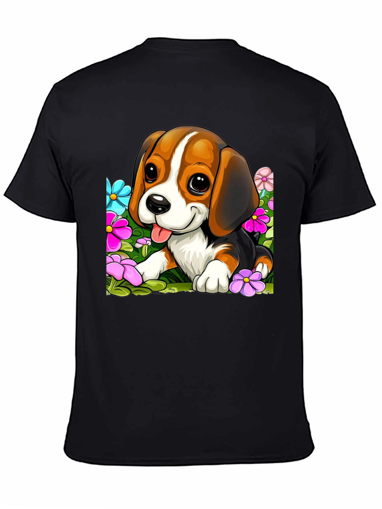 Cute Beagle Puppy in Flowers Black T-Shirt