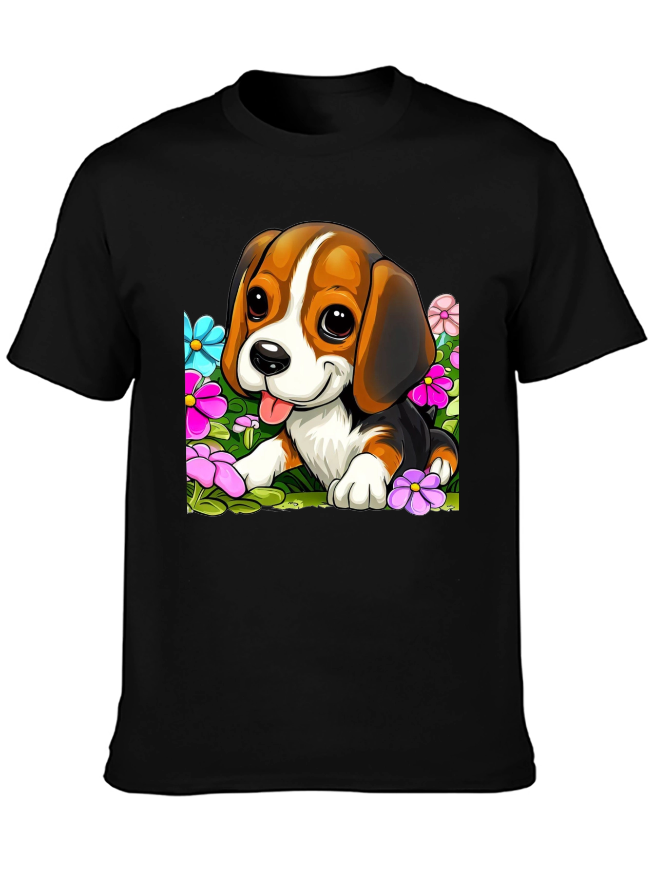 Cute Beagle Puppy in Flowers Black T-Shirt