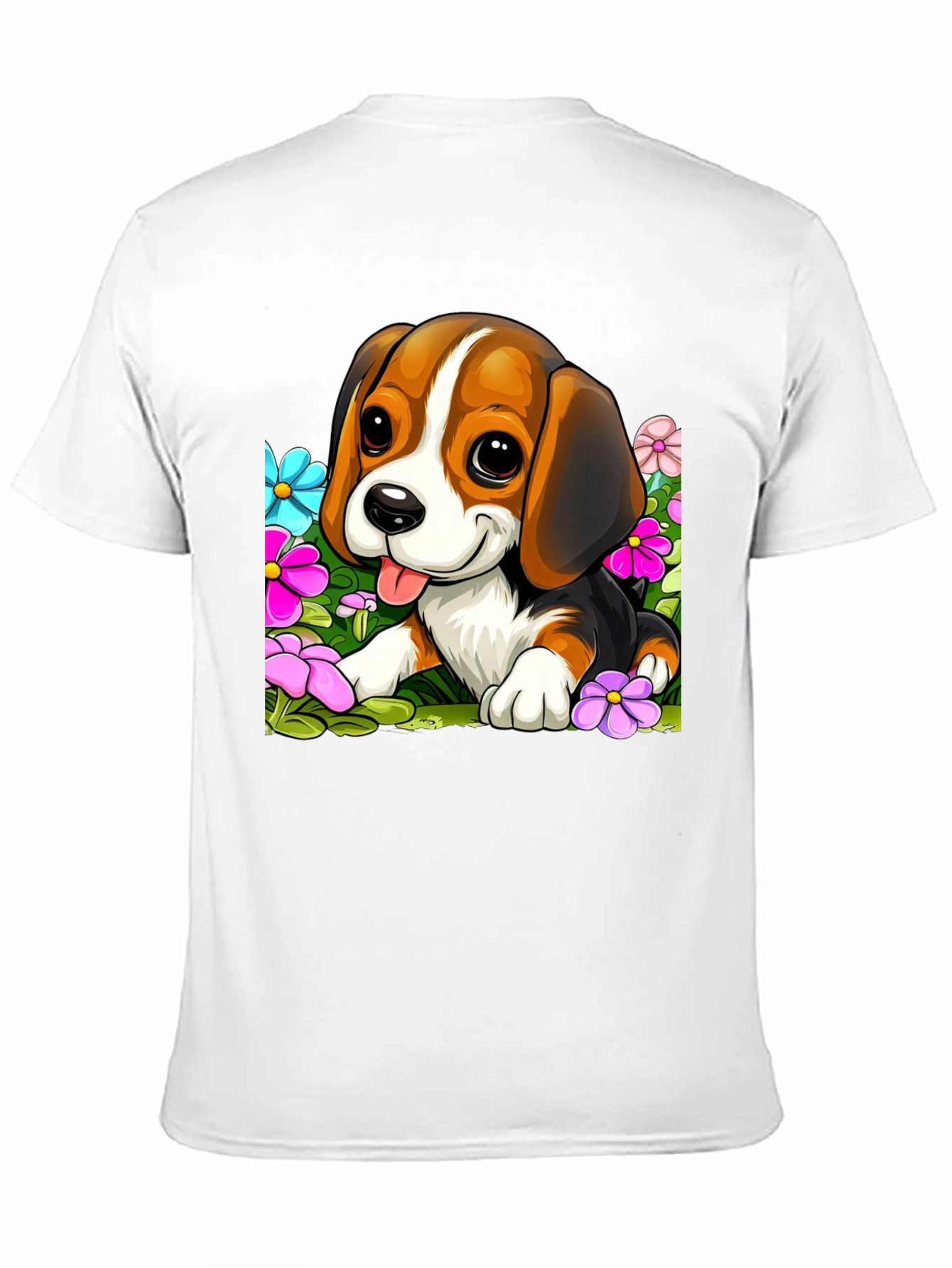 Cute Beagle Puppy in Flowers Black T-Shirt