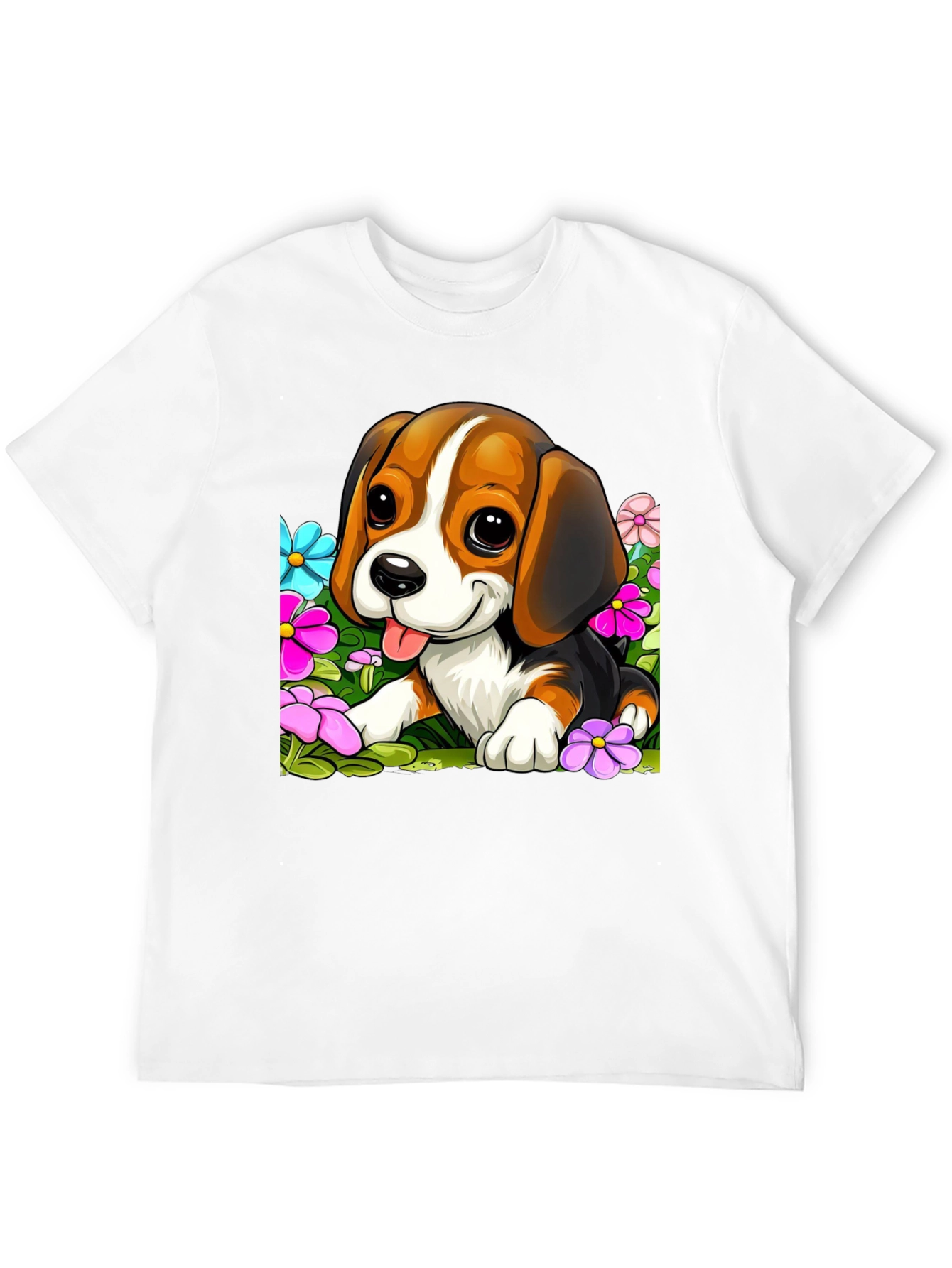 Cute Beagle Puppy in Flowers Black T-Shirt