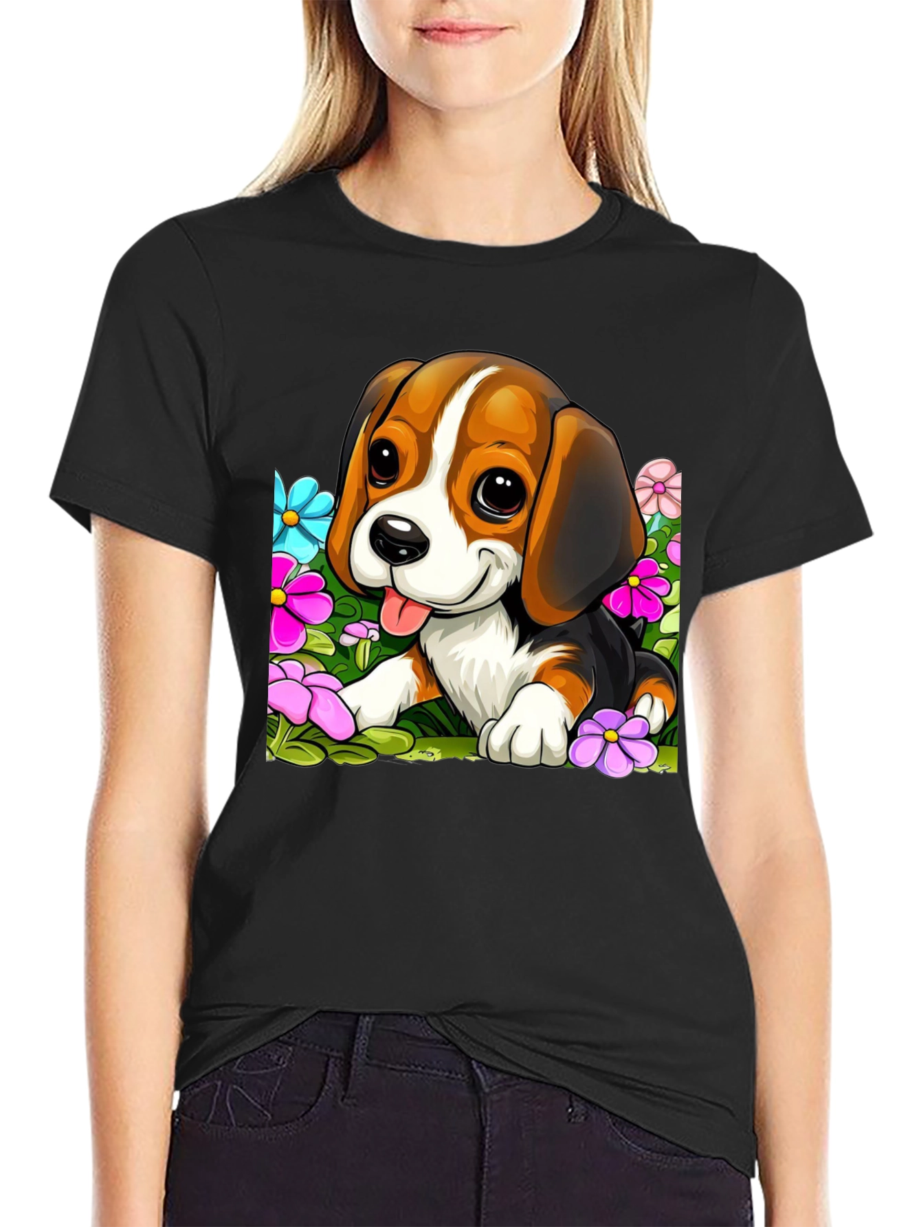 Cute Beagle Puppy in Flowers Black T-Shirt