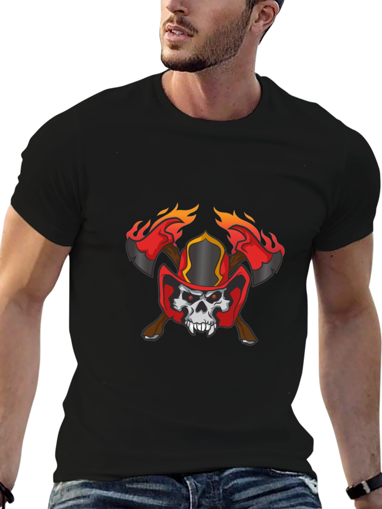 Skull Firefighter Axe Graphic T-Shirt