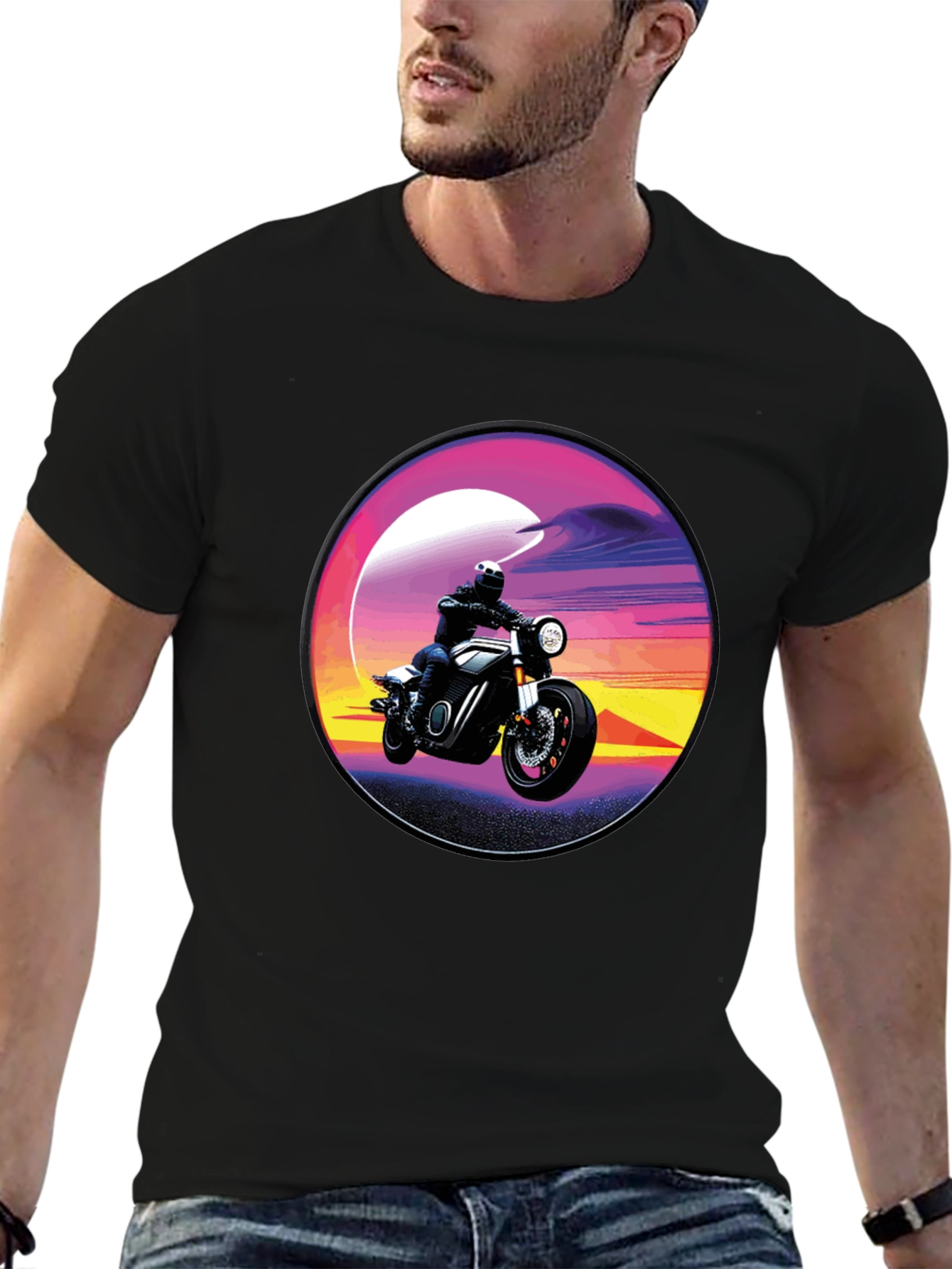 Retro Motorcycle Sunset Graphic T-Shirt