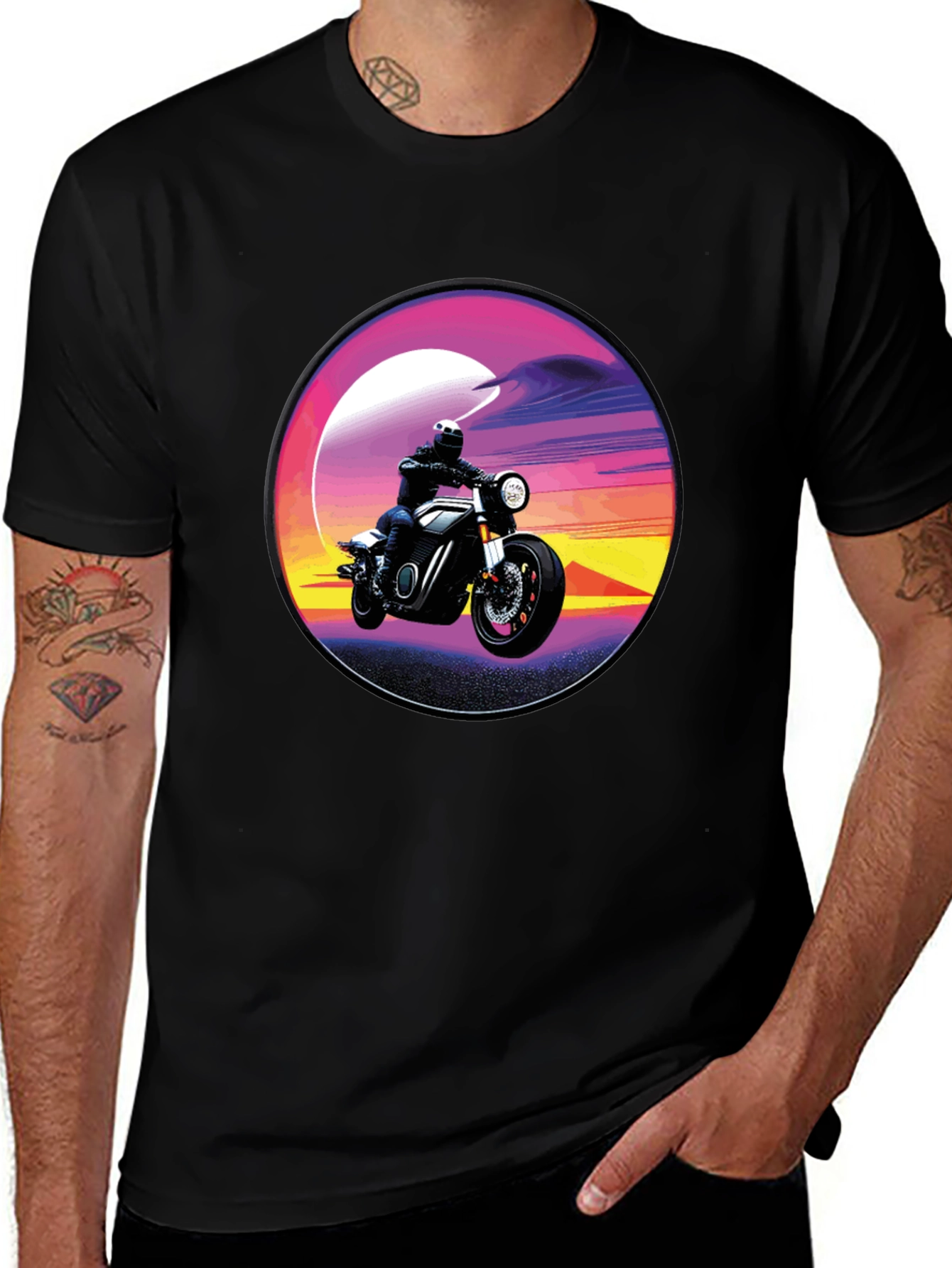 Retro Motorcycle Sunset Graphic T-Shirt