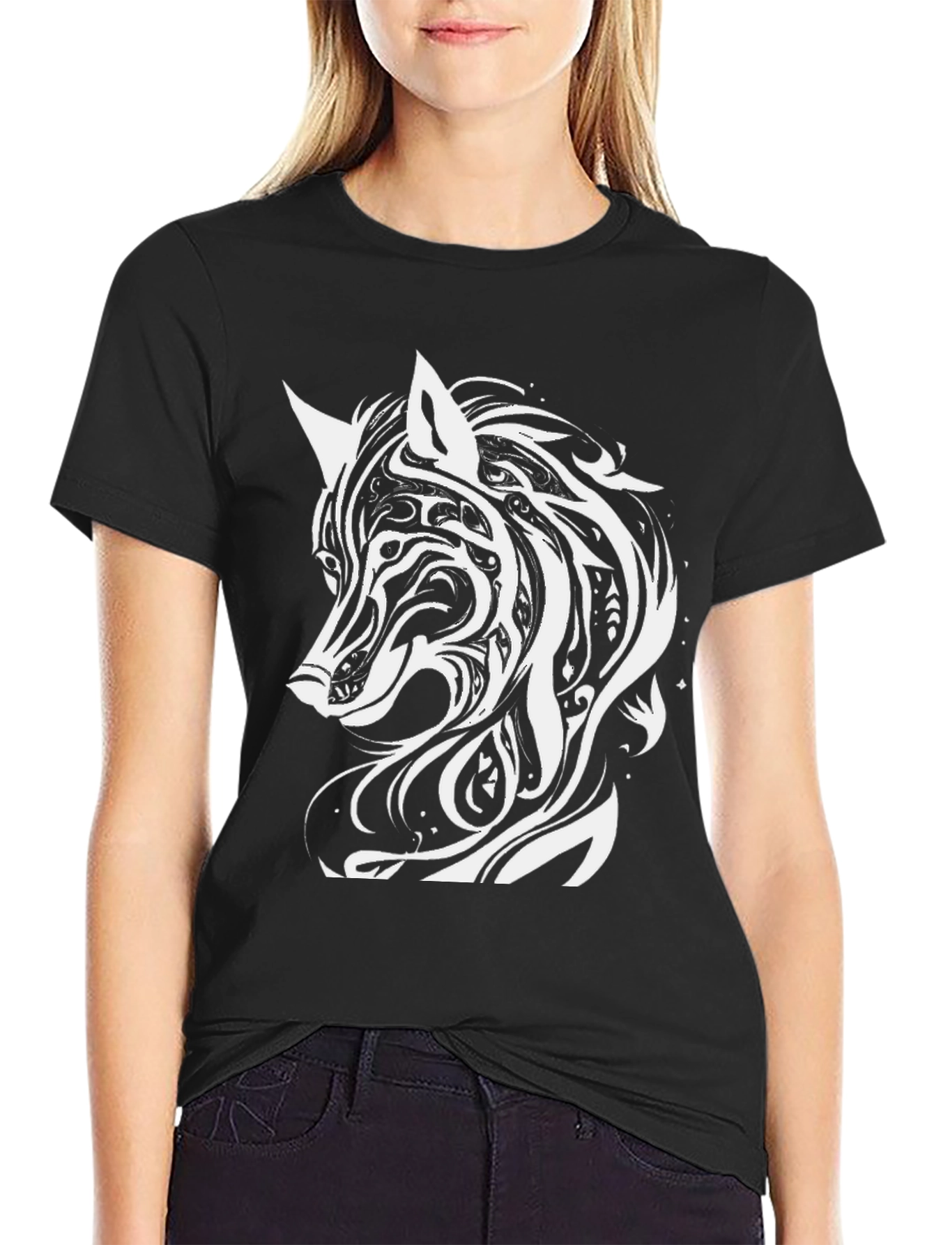 Tribal Wolf Graphic Tee - Black