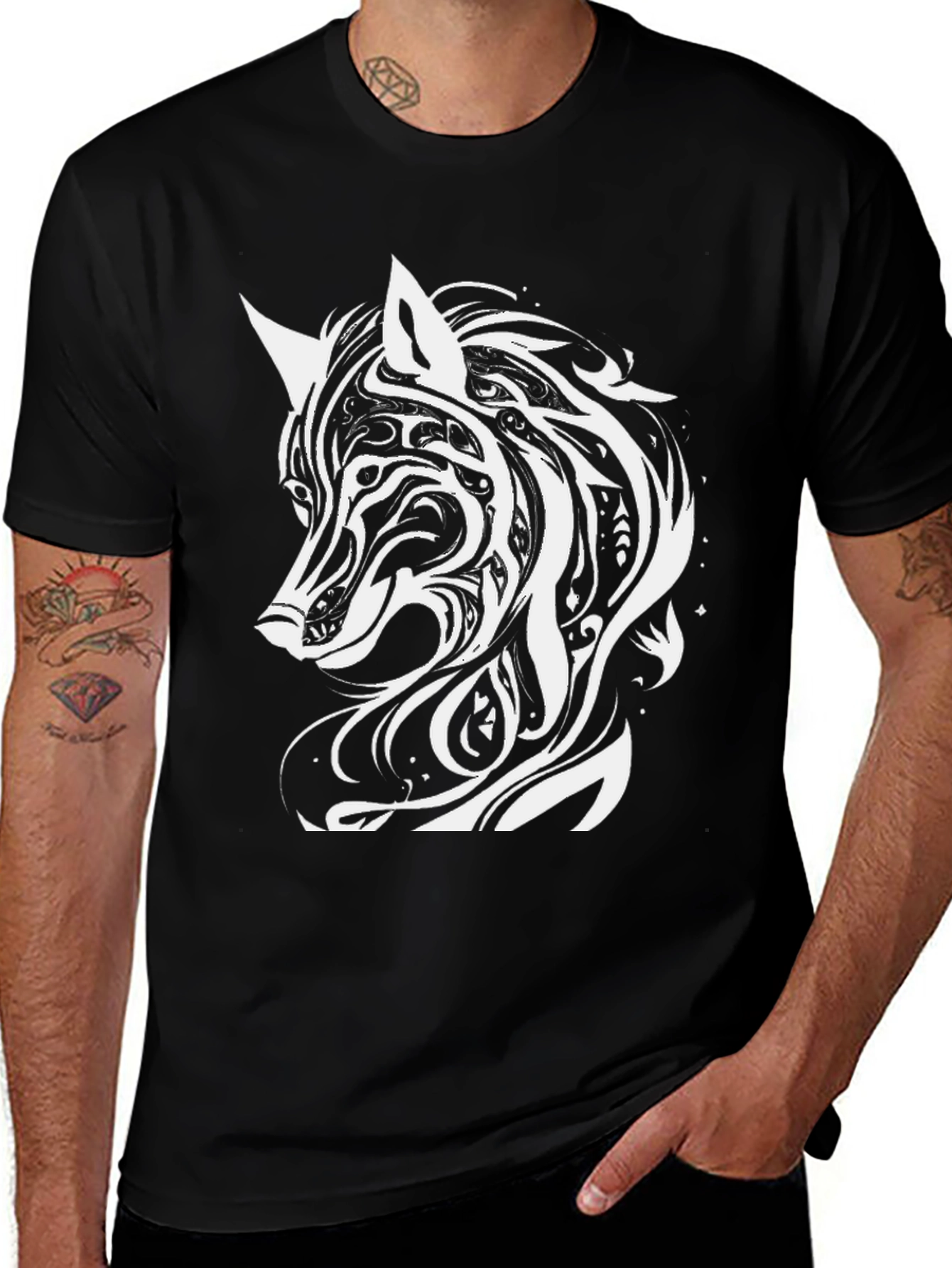 Tribal Wolf Graphic Tee - Black