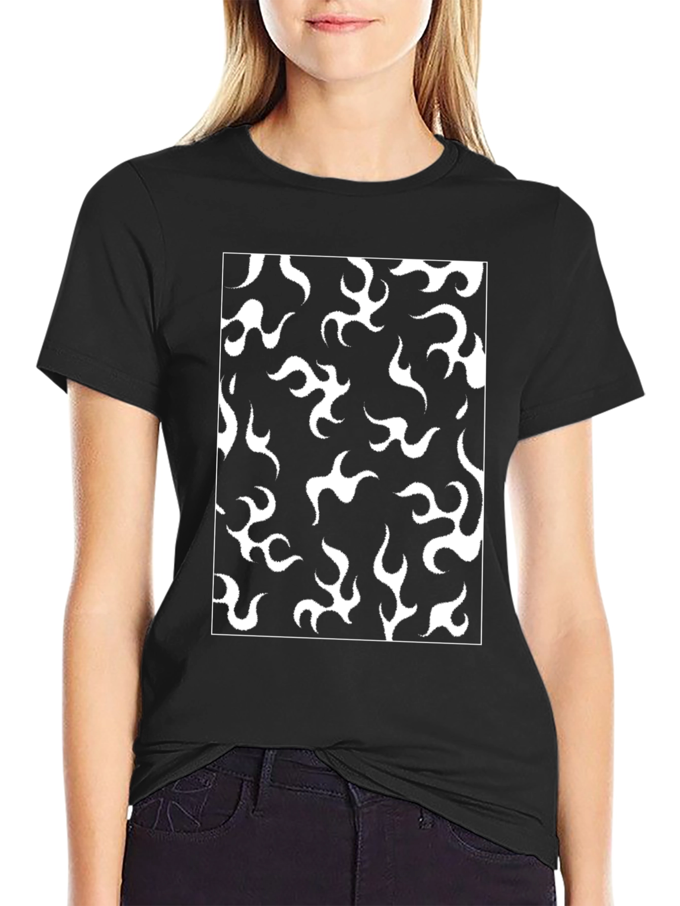 Black T-Shirt with White Flame Pattern