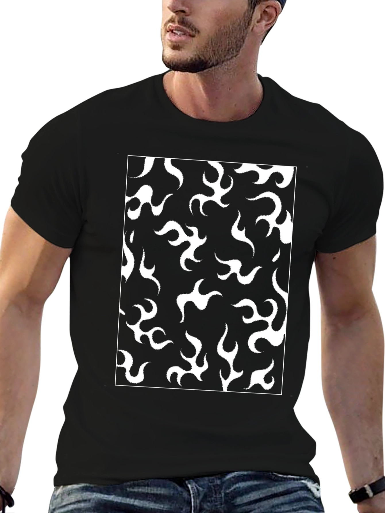 Black T-Shirt with White Flame Pattern