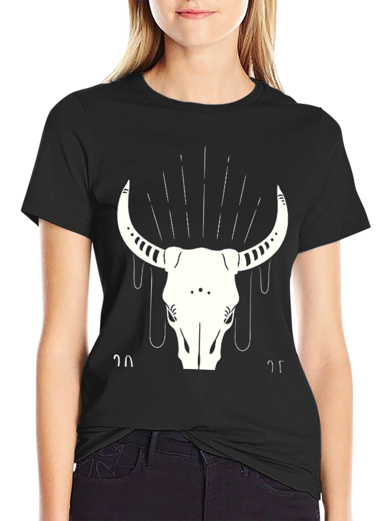 Black T-Shirt with White Bull Skull Graphic