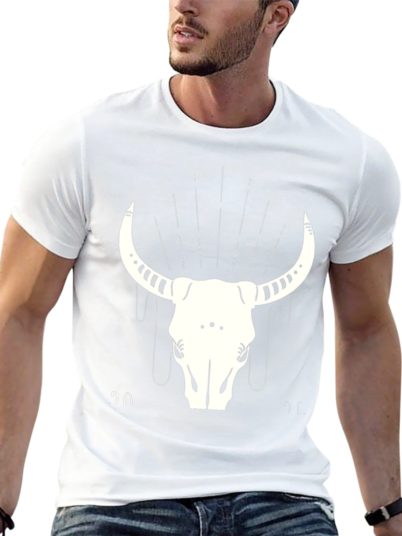 Black T-Shirt with White Bull Skull Graphic