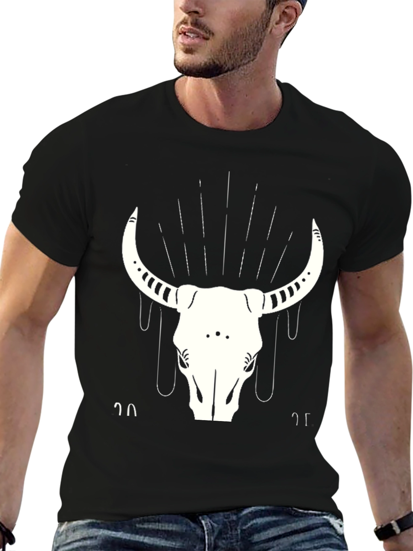 Black T-Shirt with White Bull Skull Graphic