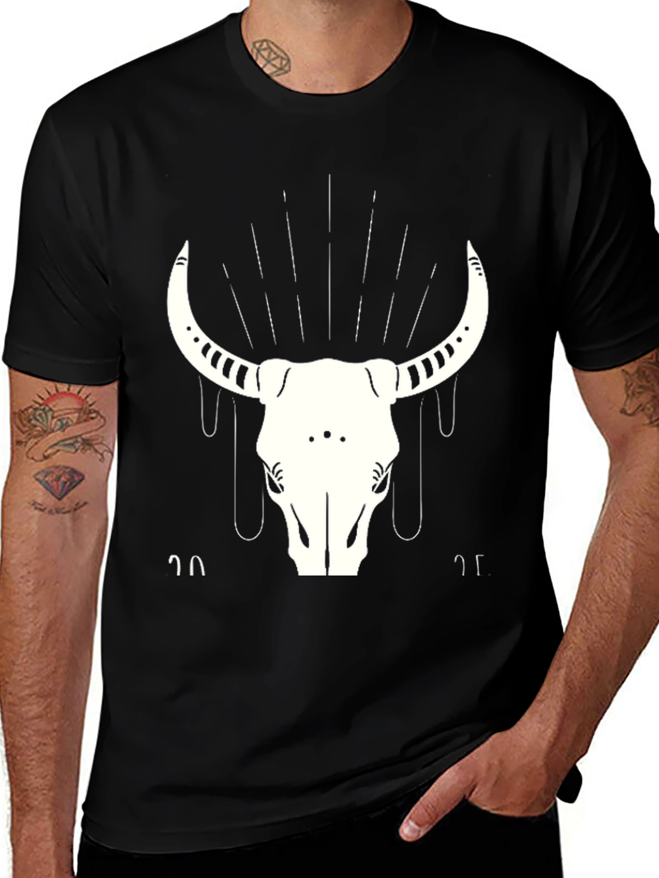 Black T-Shirt with White Bull Skull Graphic