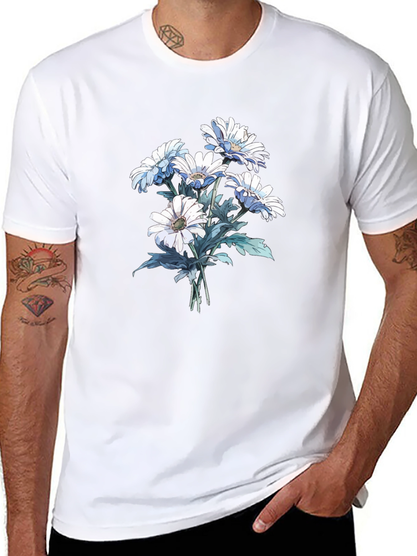 Floral Print Tee - White Daisies on Black