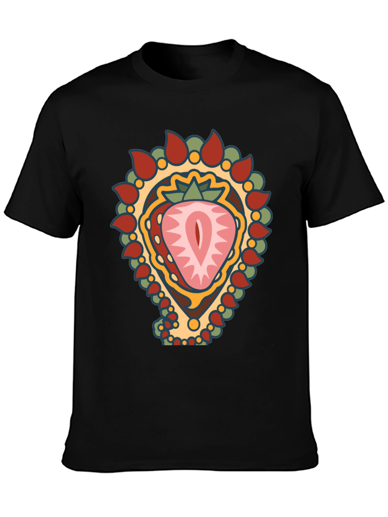 Strawberry Mandala Graphic Tee - Black Cotton Blend