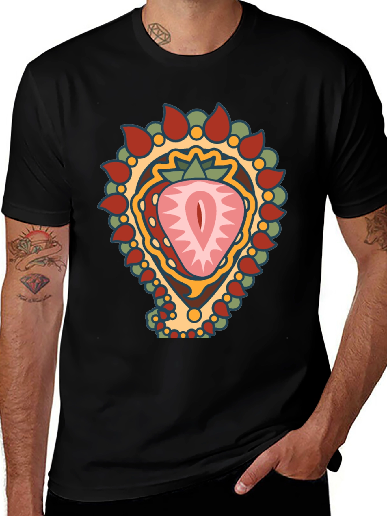 Strawberry Mandala Graphic Tee - Black Cotton Blend