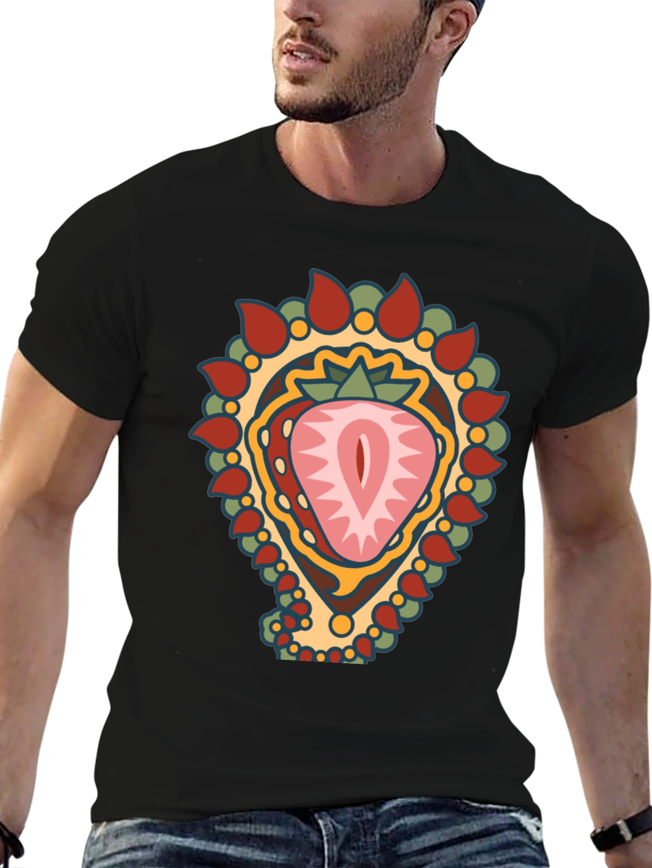 Strawberry Mandala Graphic Tee - Black Cotton Blend