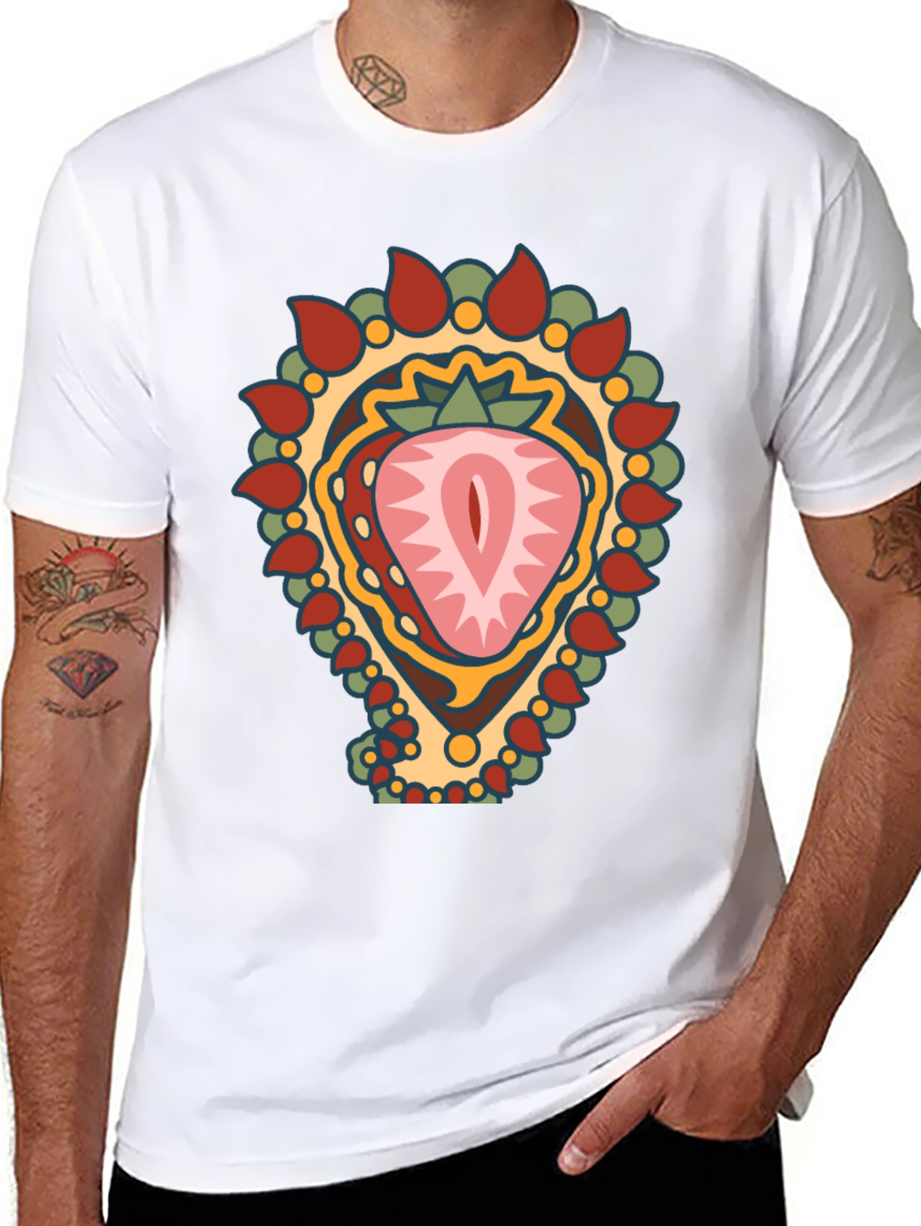 Strawberry Mandala Graphic Tee - Black Cotton Blend