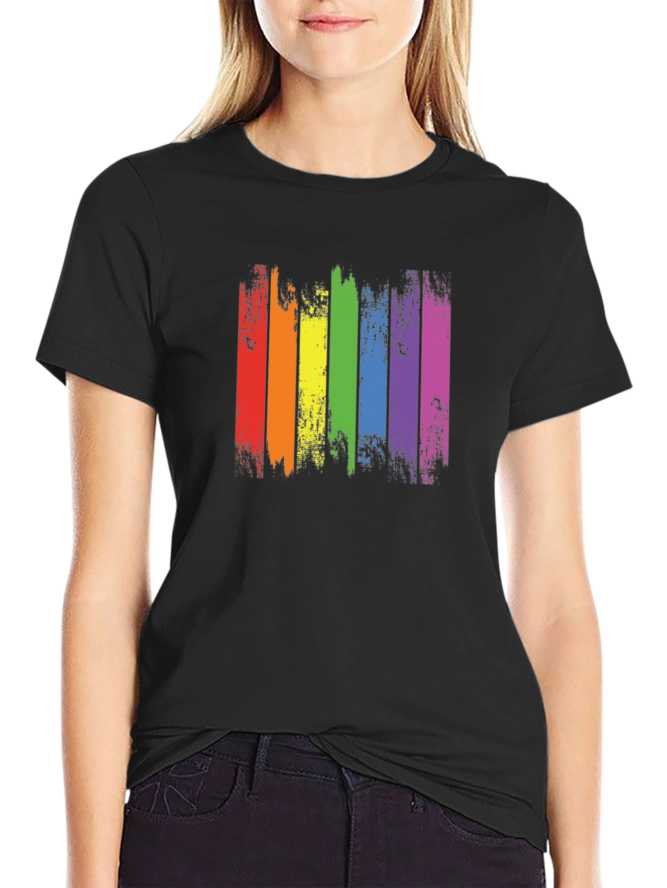 Distressed Rainbow Pride Graphic Tee - Black Cotton T-Shirt