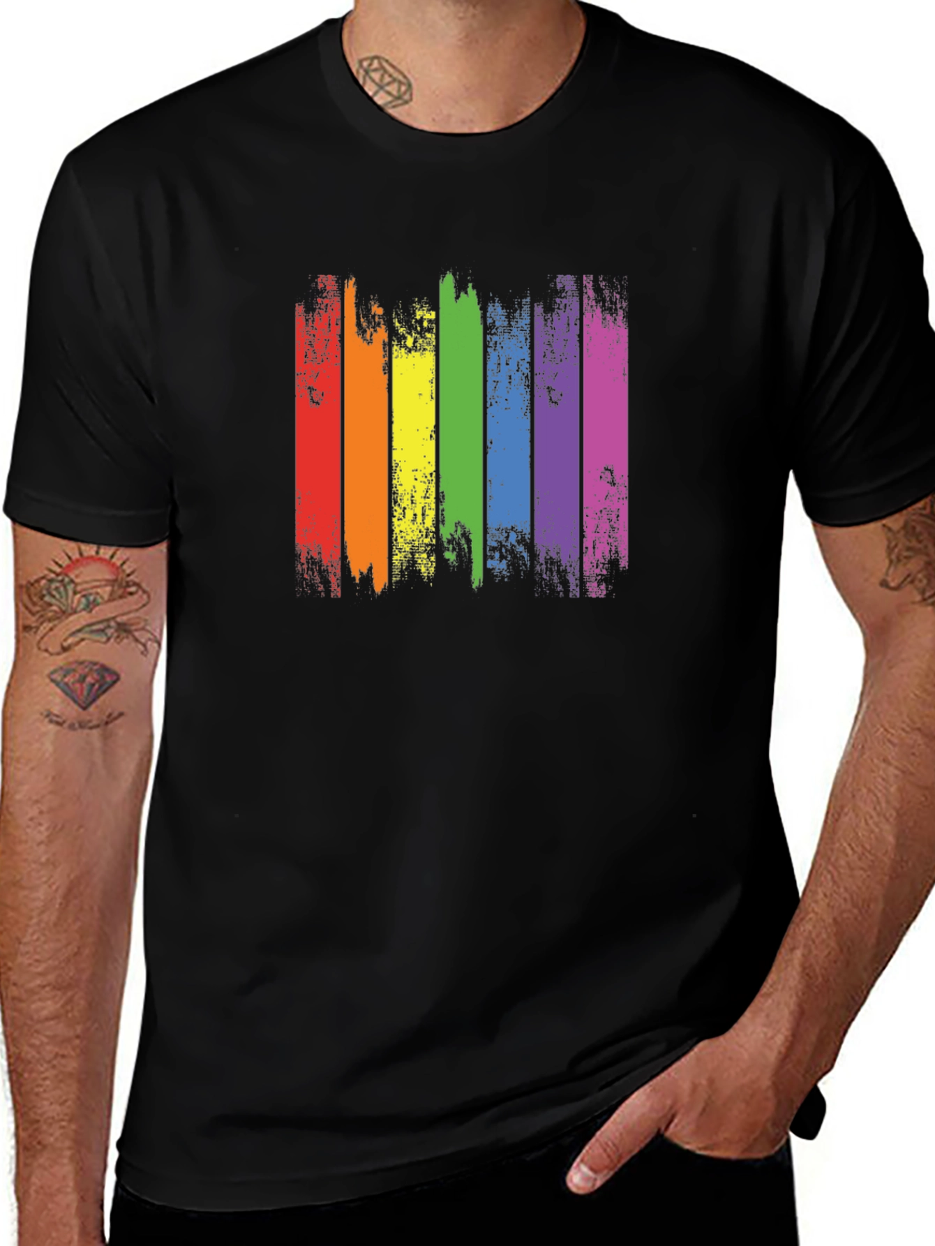 Distressed Rainbow Pride Graphic Tee - Black Cotton T-Shirt