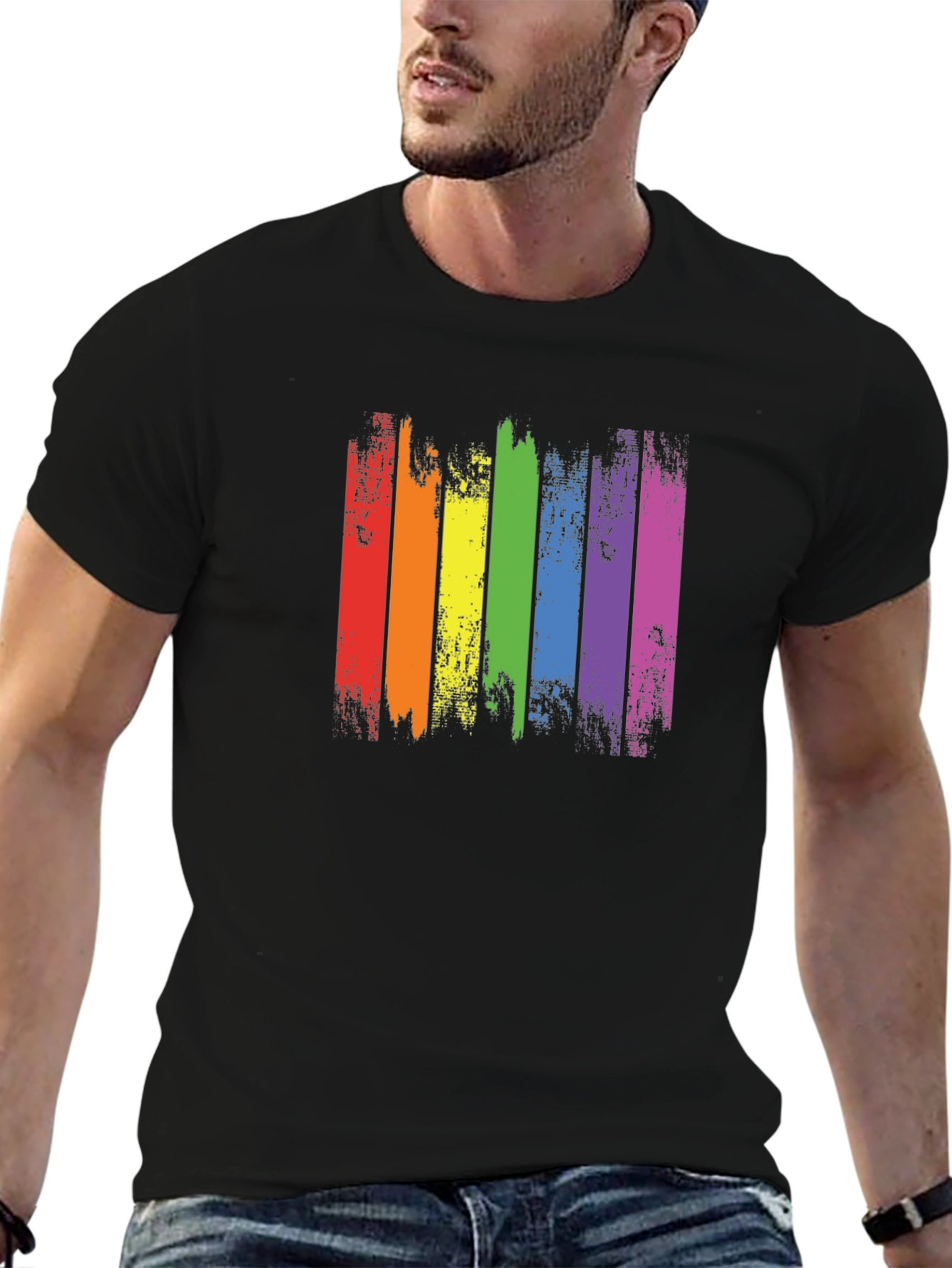 Distressed Rainbow Pride Graphic Tee - Black Cotton T-Shirt