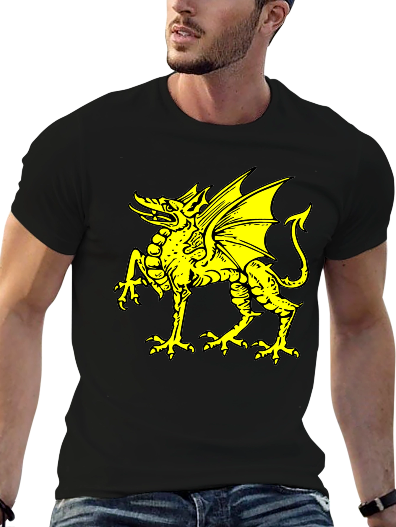 Black T-Shirt with Yellow Dragon Graphic