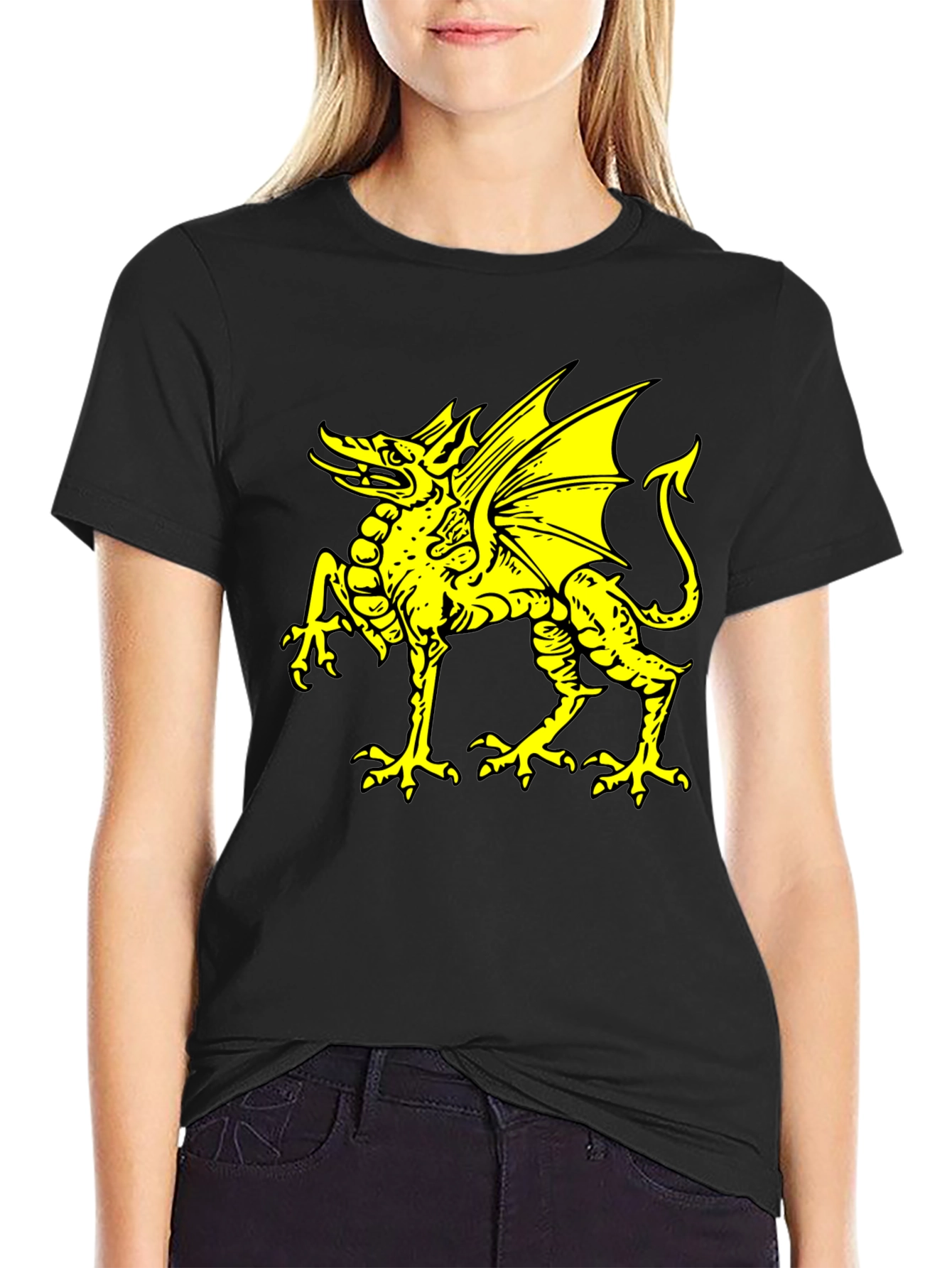 Black T-Shirt with Yellow Dragon Graphic
