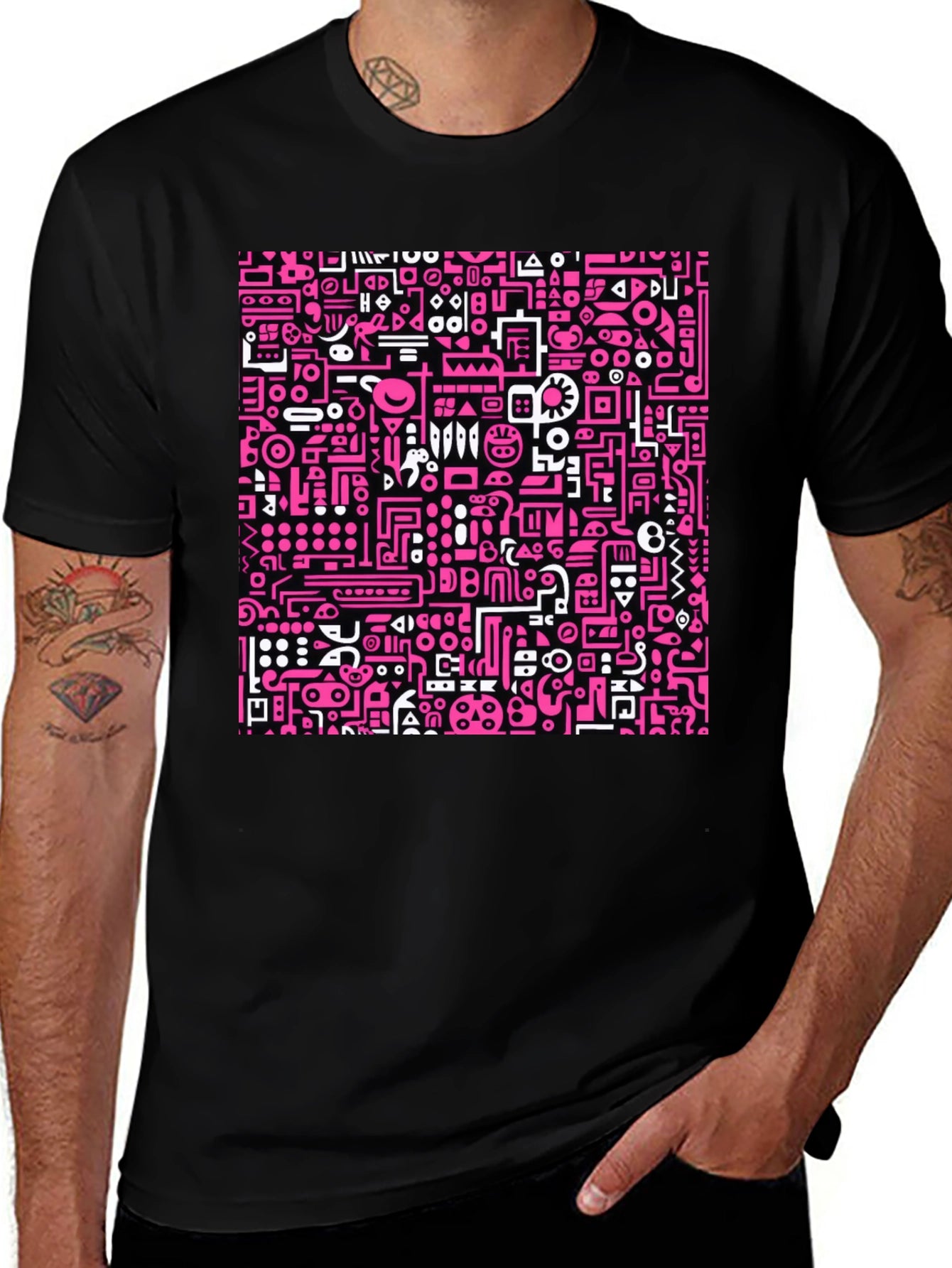 Abstract Pink & White Graphic Black T-Shirt