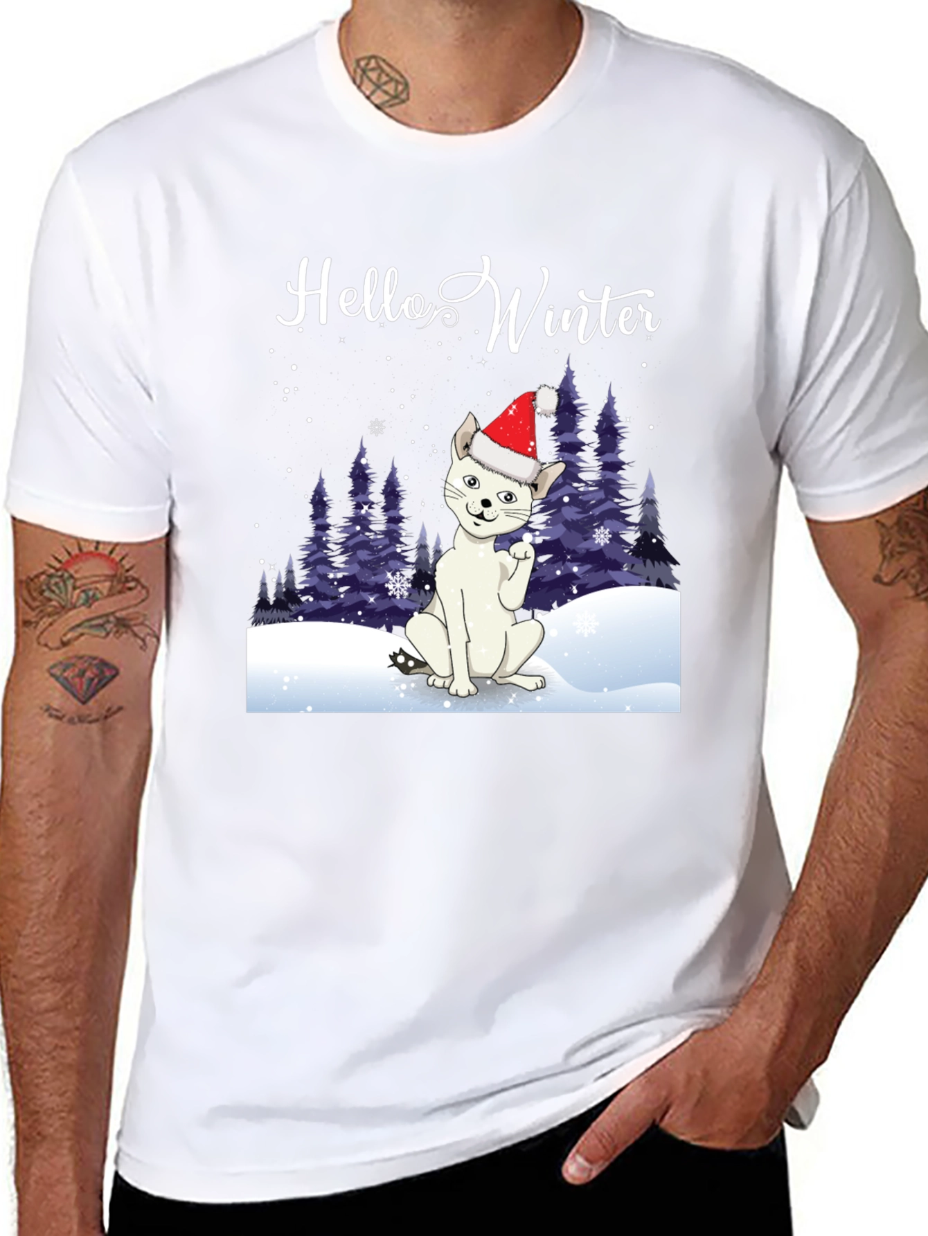 Hello Winter Cat T-Shirt - Holiday Cheer