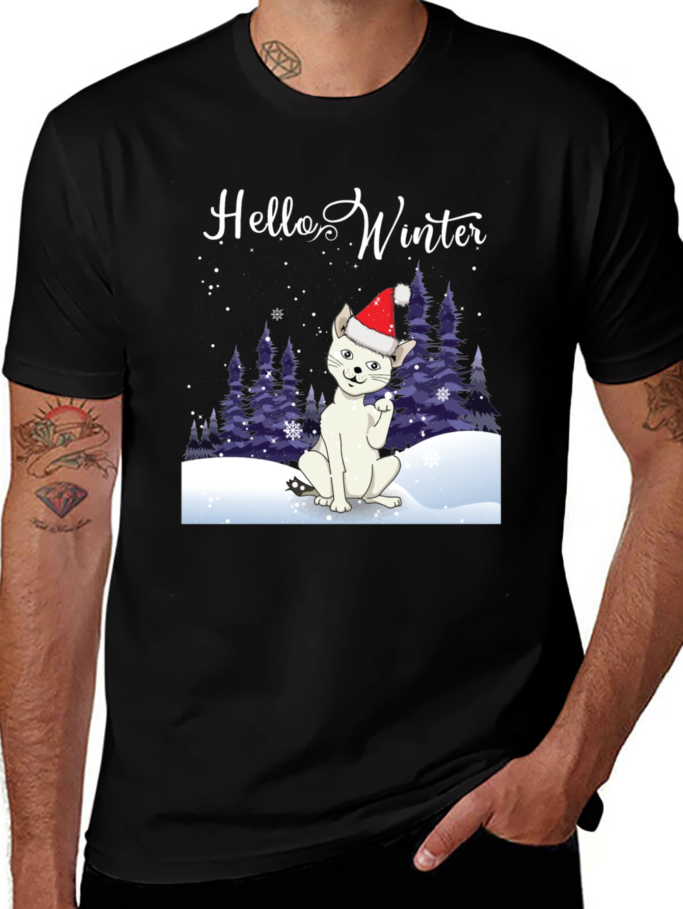Hello Winter Cat T-Shirt - Holiday Cheer