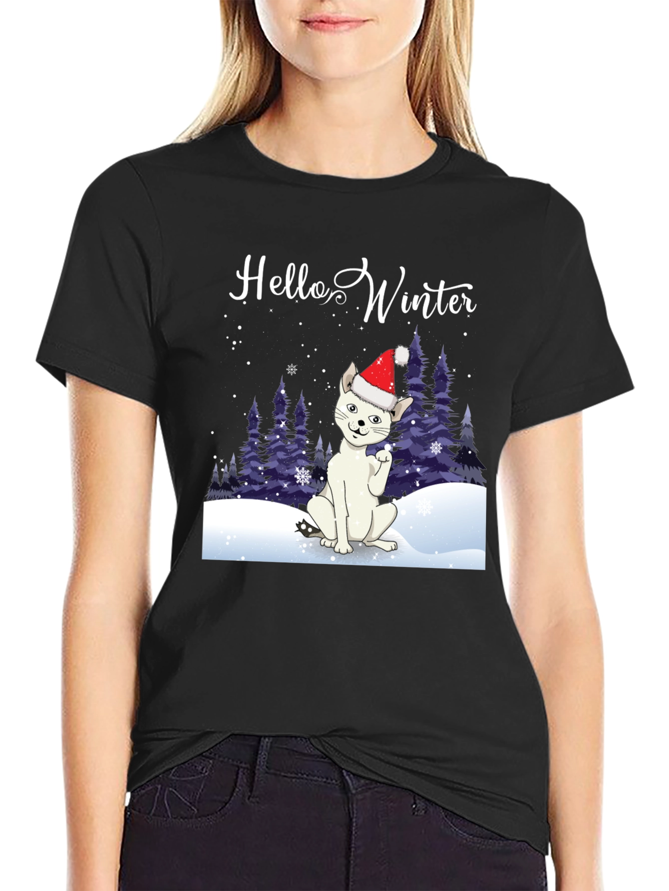 Hello Winter Cat T-Shirt - Holiday Cheer